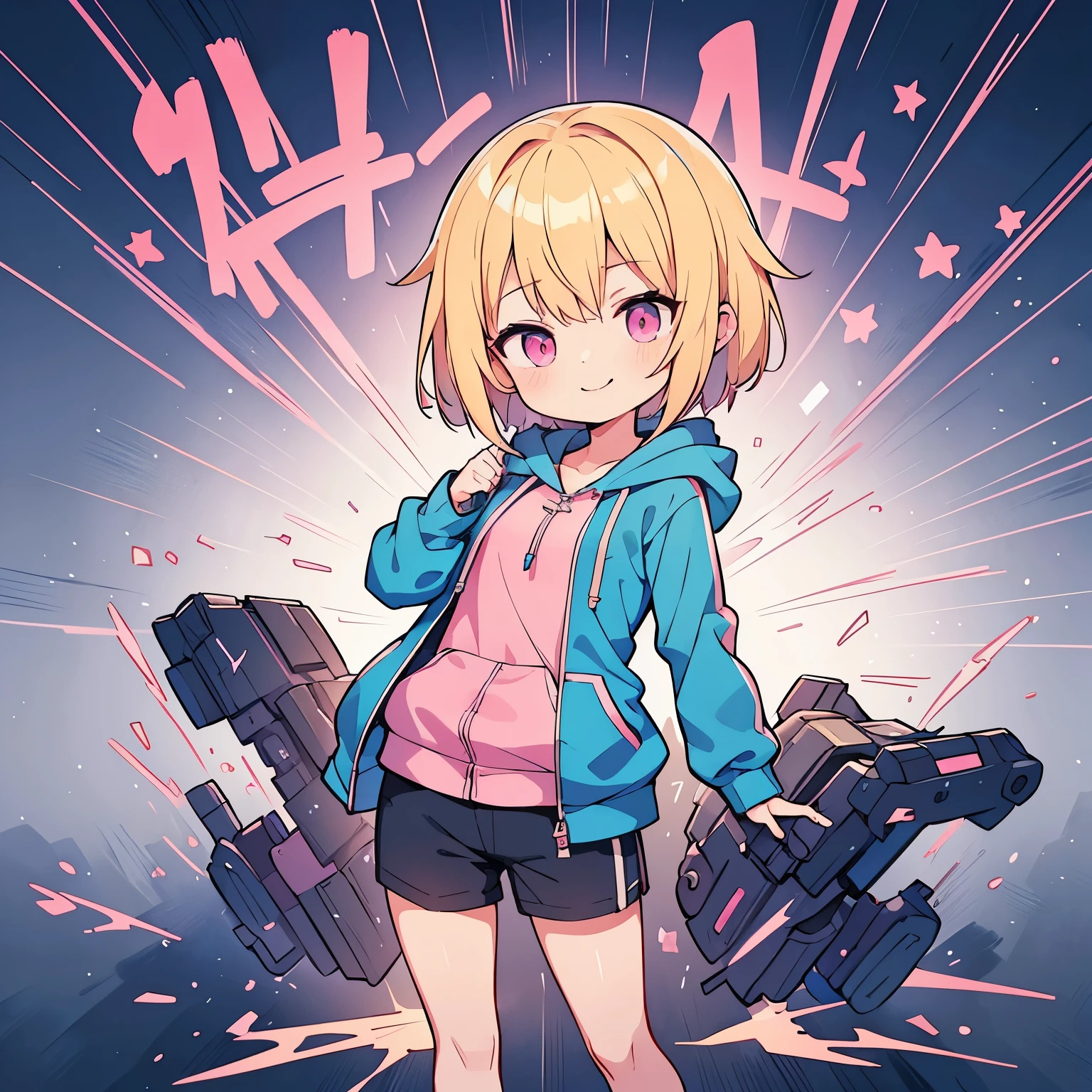 (blonde girl with short cut),(((blue zip hoodie))),(((Pink inner))),(black hot pants),pink eyes,open your mouth, A sluggish smile, Full body Esbian,(Little),((((alone))),(Highest image quality, In 8K, masterpiece, super detail),