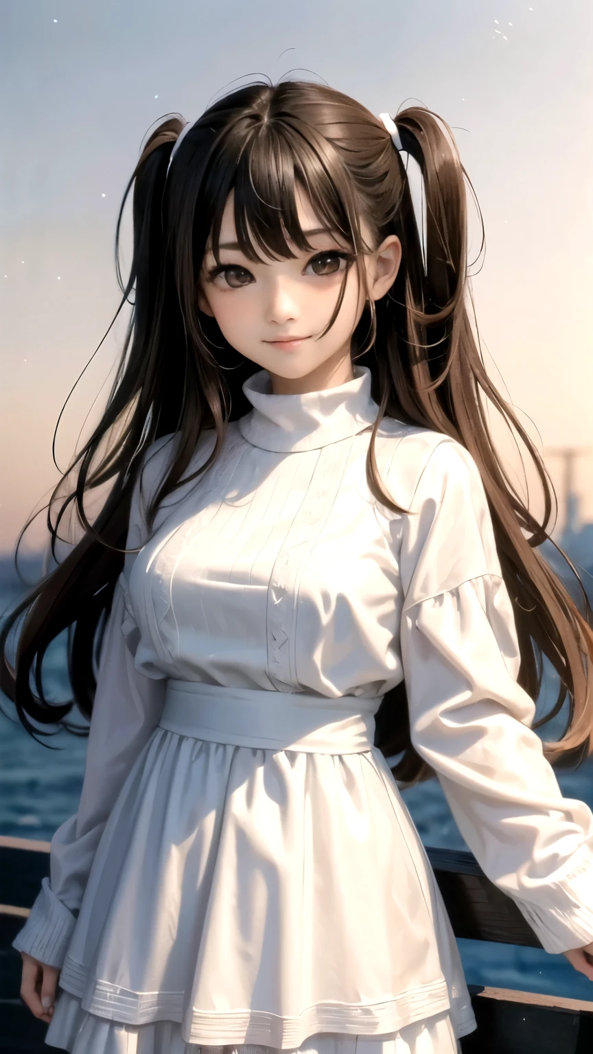 ((Masterpiece)), ((Top quality)), One Japan Beautiful Girl、、long black hair、bangs、(light brown eyes:1.5)、droopy eyes、Innocent face、fluffy hair、(((two side up)))、(One-piece dress with a loose waist)、Long-sleeved white ruffled dress、tiered skirt、See-through、(knit)、coat、smile gently、looking at the camera、winter、(no background:1.5)