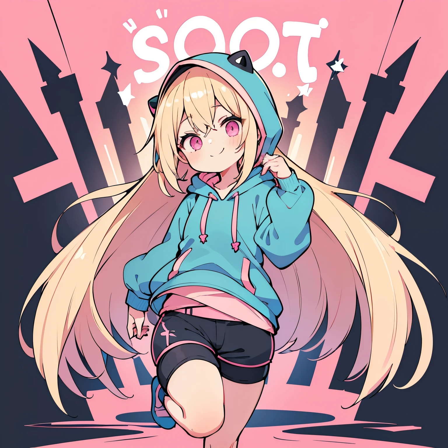 One girl、Hair colorbeige、Red eyes、Twin tails、Long Hair、Simple hair ribbon、Monochrome clothes、Big hoodie、Black gloves、Simple background、Shorts、Big chair