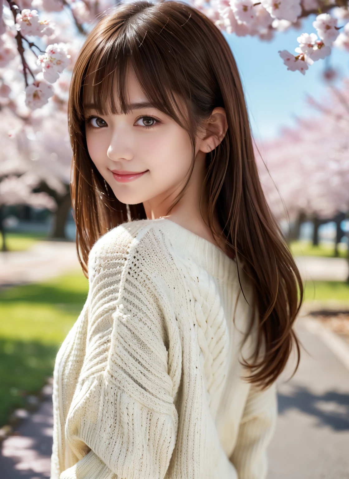 1 girl,(ivory sweater:1.4),, (RAW photo, highest quality), (realistic, Photoreal:1.4), table top, very delicate and beautiful, very detailed, 8k wallpaper, wonderful, finely, very detailed CG Unity, High resolution, soft light, Beautiful detailed 19 year old girl, very detailed目と顔, beautifully detailed nose, finelyて美しい目,cinematic lighting,standing on a row of cherry blossom trees,perfect anatomy,slender body,smile  (asymmetrical bangs, light brown hair,)