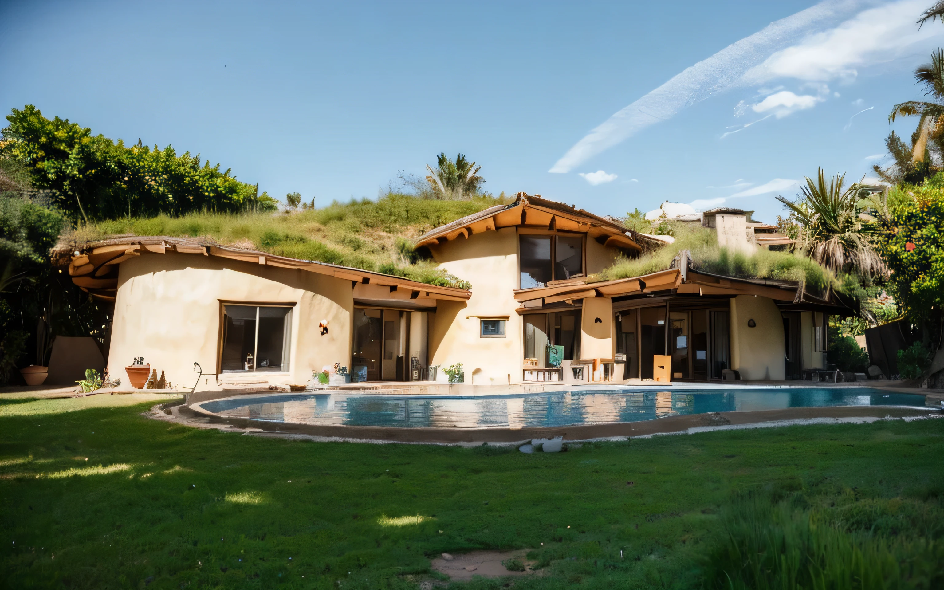 A photograph of a symmetrical contemporary house with (((one hyperbolic paraboloid Telhado Verde))) e (((Biological pool))) e ((low wall foundation)) em um quintal tropical, paredes de gesso terracota amarelo mostarda (((rustic clay stucco))), ((paredes de canto arredondadas)), ((rustic clay plaster)), (((paredes de terracota com cantos arredondados, organic and squared curves))), (((rustic earth plaster, velho))), (((green roof in hyperbolic shape with wooden edge))), (((Estrutura do telhado de madeira, ancinho de madeira, placa de madeira))), beiral, ((telhado com estrutura de madeira)), na Bahia (((jardim tropical))), ((casas naturais, Organic buildings, ORGANIC architecture)), ecovila, Sustainable architecture, Bioconstruction architecture, arquitetura solarpunk, (((telhado de grama, Telhado Verde, Telhado de Onda Verde, telhado arredondado, telhados vegetados))), (((rock foundation wall, foundation height 30cm, parede de base de pedra com 30 cm de altura))), ((arquitetura verde)), Casa passiva, clear sky in the background, beleza dolorosa, moderno, imponente, casa verde, ((Estilo Hadid mora em Bali)), Super resolution, cinematographic, color grading, fotografia editorial, fotografia, photographic session, (((dramatic front eye top angle view))), Ó 50mm, profundidade de campo, detalhes intrincados, Cores Naturais, sharp focus, luz quente, Velocidade do obturador 1/1000, f/22, White balance, Ray tracing reflections, lumen reflections, Screen space reflections, Diffraction classification, Chromatic aberration, Deslocamento de GB, Partial lighting, retro lighting, natural lighting, Linhas de varredura, ambient occlusion, Anti-aliasing, Sombreadores, OpenGL-Sombreadores, GLSL-Sombreadores, Post-processing, post production, sombreamento, Mapeamento de tons, incrivelmente detalhado e complexo, hipermaximalista, elegante, hiper-realista, super detalhado, Dynamic Pose, Fujifilm XT |