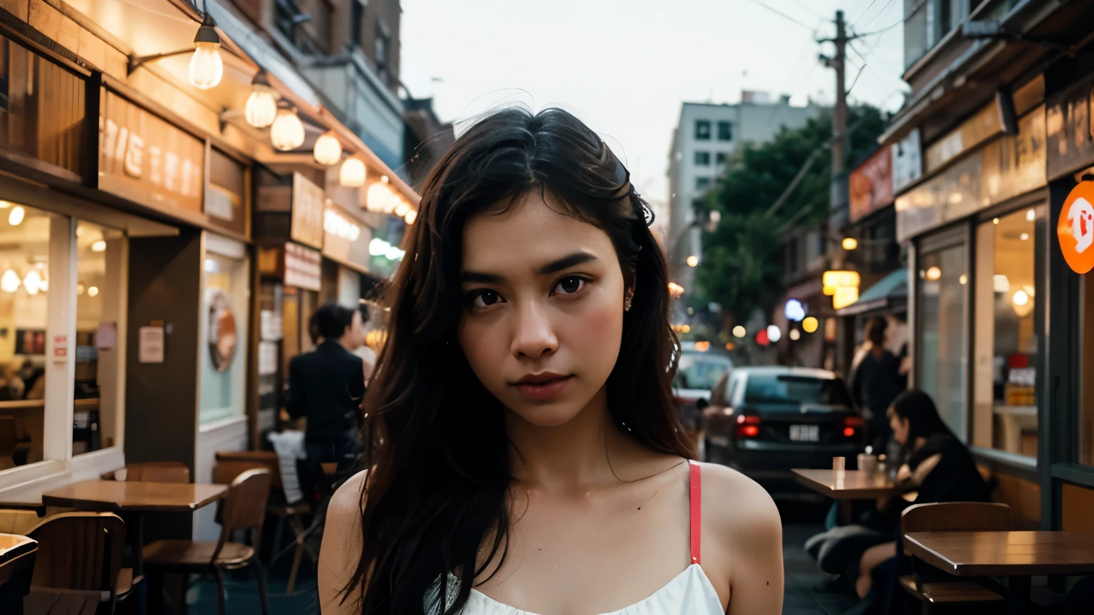 Street photography photo of a stylish girl,
with a medium hair, small breasts, wearing spaghetti strap tanktop with pokies,capturing her reflection in a
storefront while window-shopping, upper body framing,
on a quaint Parisian street, with neon lighting from
shop signs, shot from a high angle, on a Sony A7111,
with a (bokeh effect:1.3),(in the style of Liam
Wong:1.4) <lora:more_details:0.6> <lora:pokies_9:0.8>
