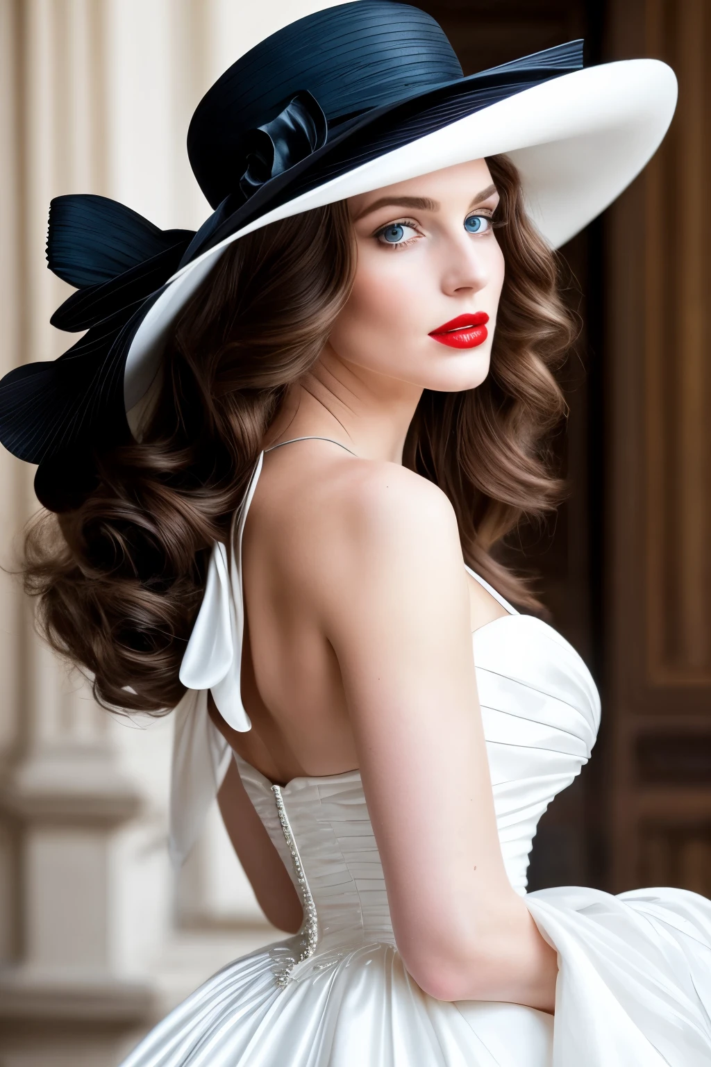 Beautiful and elegant woman, clad in a black and white tuxedo reminiscent of John Singer Sargent's iconic portraits, boasts pale, porcelain skin. Her alluring red lips contrast with her captivating blue eyes. Perched on her head is a stylish hat. This exquisite portrait exudes an aura of hyperrealism, boasting --ar 90:101 ratio, cinematic light, and intricate detail, bringing every fiber of her luxury attire and every strand of her hair to life.