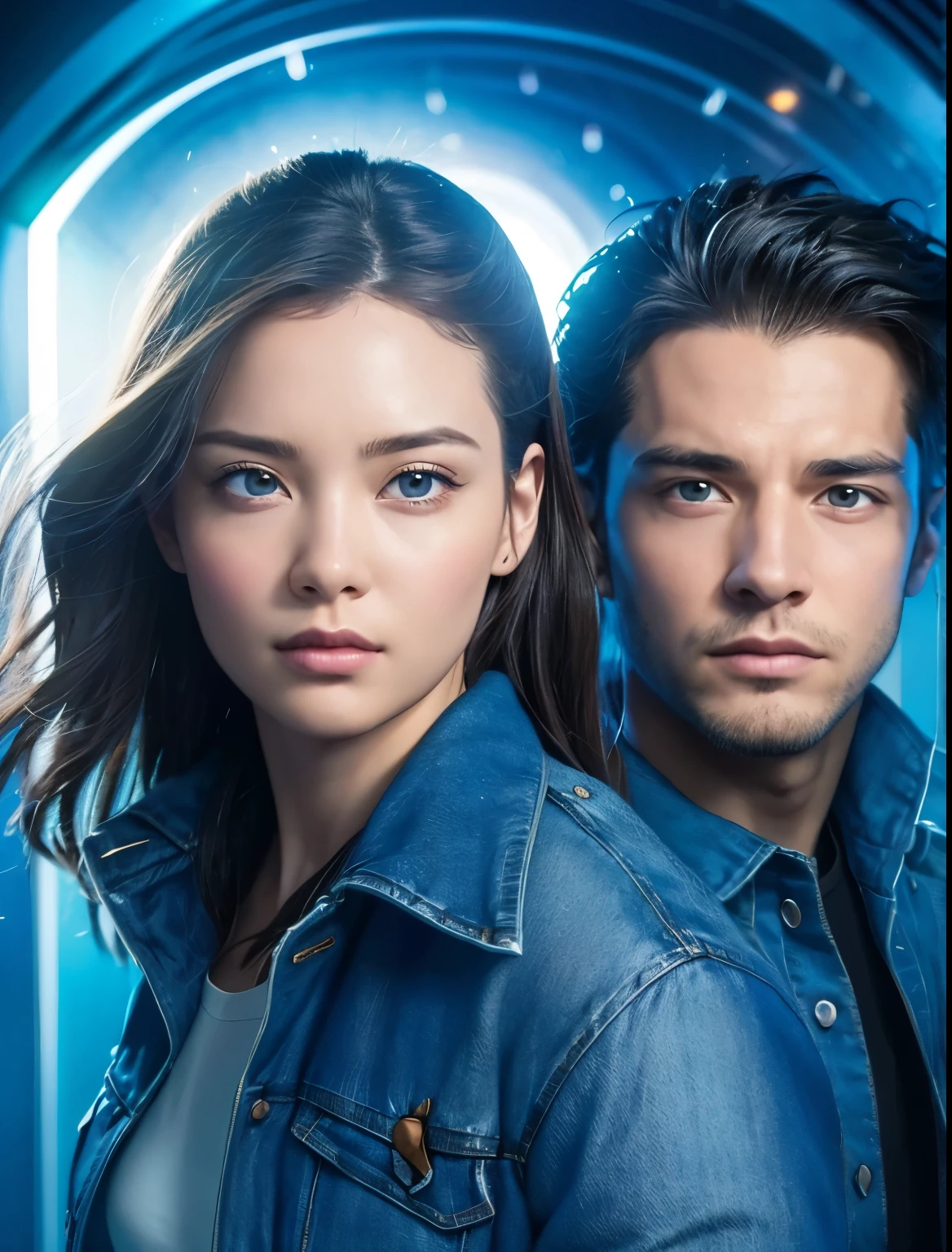 A handsome man and a beautiful woman.Men and women in their 20s.They're both wearing blue jeans and jackets.The two are looking at the camera with serious expressions. A gate of bluish-white light that connects to four-dimensional space-time appears in the space behind the two. A masterpiece.