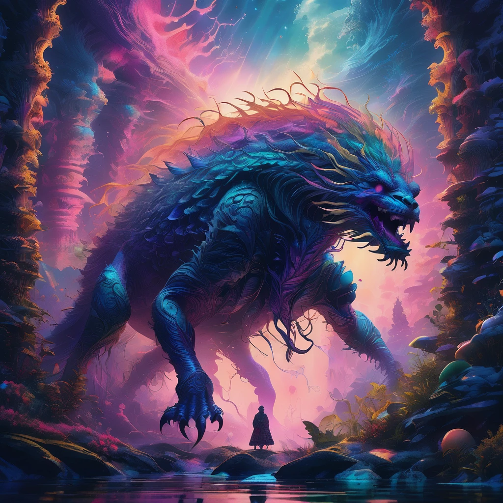 Giant creature, aesthetic, extremely detailed, A giant creature, ultra-detailed, dark and mysterious, surreal. The creature stands tall with intricate scale patterns covering its body, while its eyes emit an otherworldly glow. Its imposing presence is accentuated by the play of vibrant colors, casting an ethereal aura. The creature's jagged silhouette cuts through the darkness, revealing glimpses of an eerie and fantastical world. The scene is bathed in dramatic lighting, casting deep shadows and highlighting the creature's menacing features. The atmosphere is filled with an aura of mystery, as if on the brink of an unknown adventure. The mesmerizing and surreal setting combines the beauty of its aesthetics with a sense of impending danger, creating an alluring yet foreboding composition.