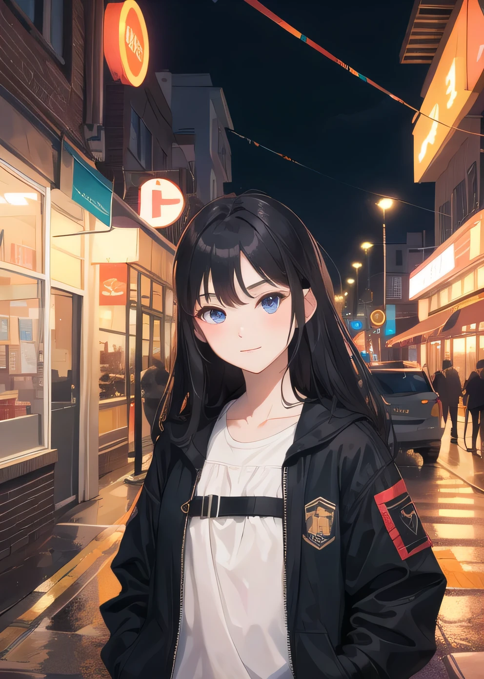 (masterpiece, ultra high resolution, highest quality:1.1), (flat color), 1 girl, alone, teen, cowboy shot, (written boundary depth:1.2), (night), (long coat), downtown, (street light:1.1), (fantastic lighting), looking at the viewer, black hair, long hair, [smile], (closed mouth)