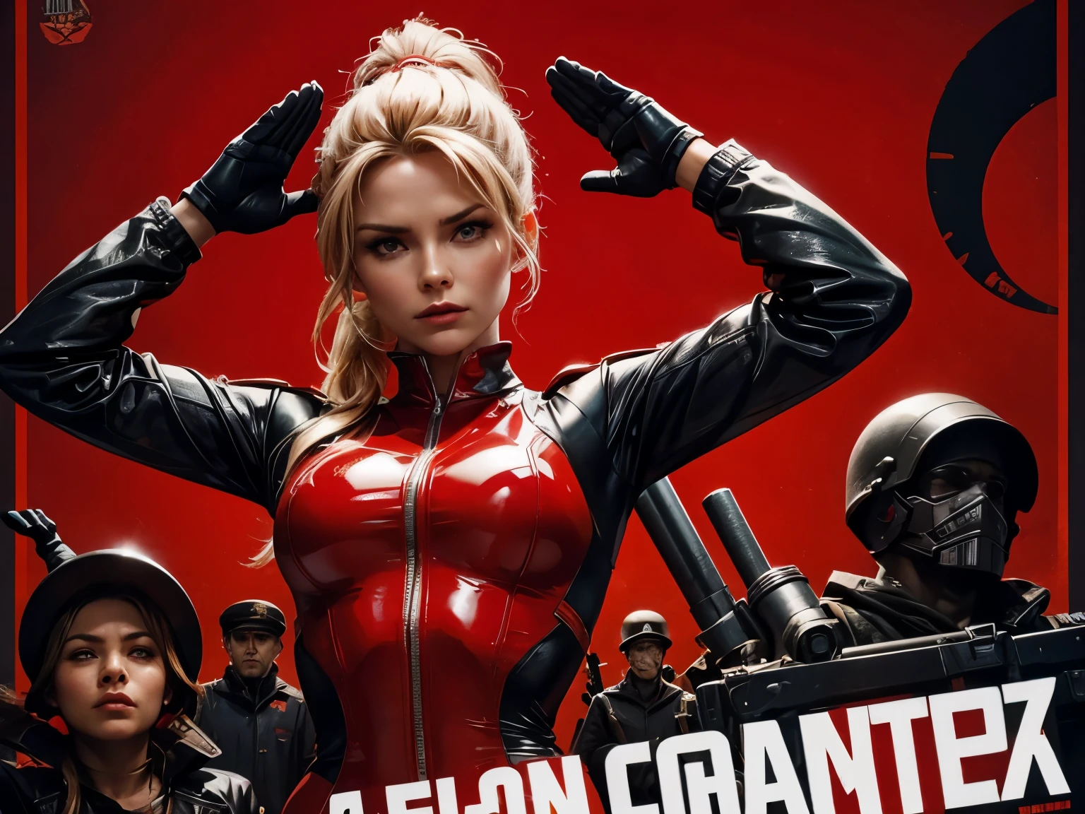 Communist propaganda poster, showing Helen Skelton, hair in ponytail, grim expression, looking up, skintight red latex suit, saluting