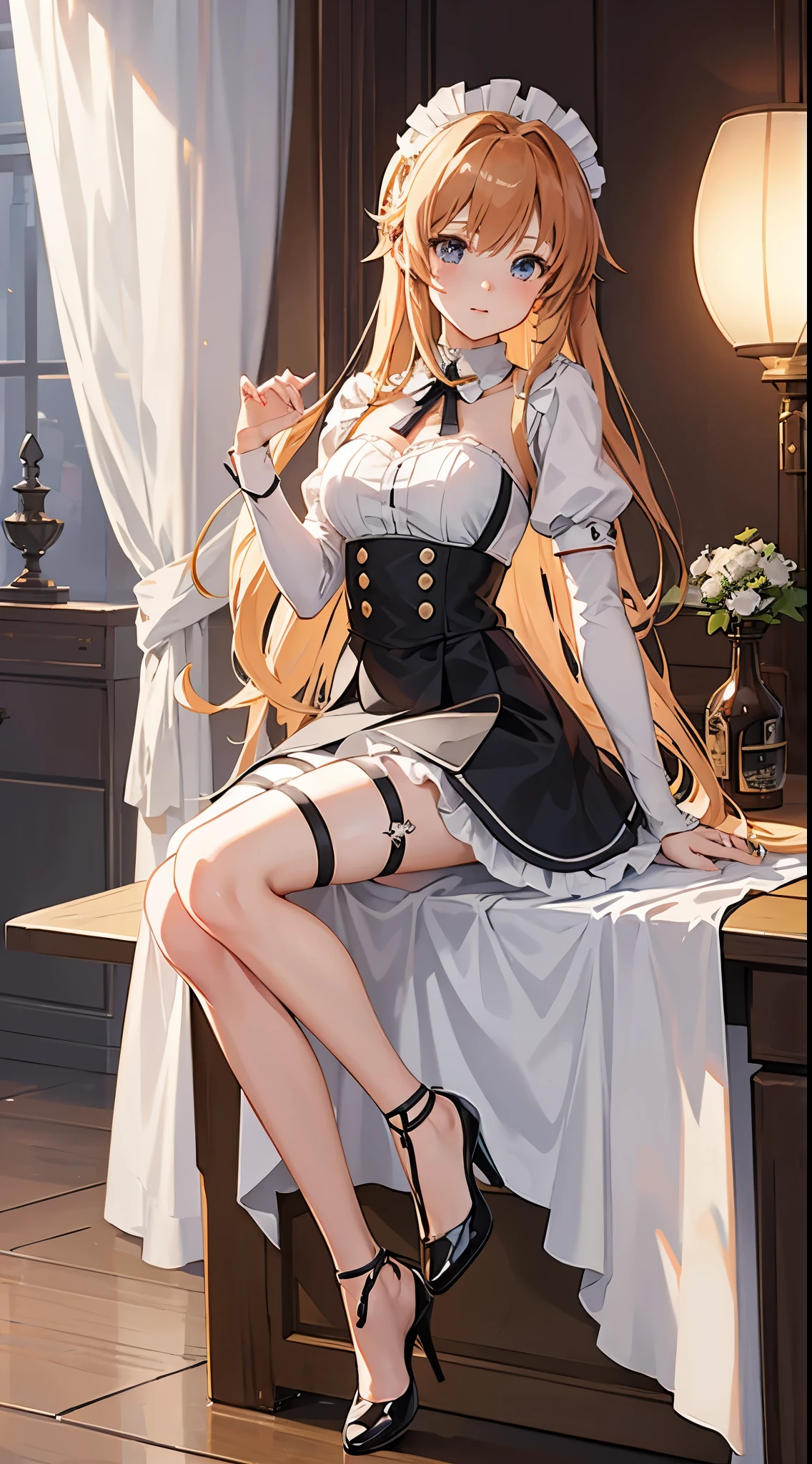 Asuna from Sword Art Online wearing a maid outfit and high heels