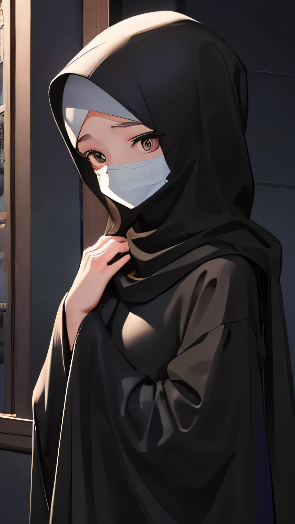 Muslim girl wearing long, wide, Modest black dress, She covers her face with a veil, Her eyes are dark blue,