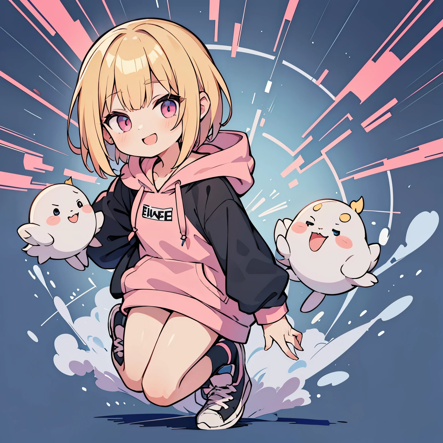 blonde girl with short cut),(((black, pink and blue hoodie))),pink eyes,open your mouth, A sluggish smile, Full body Esbian,(Little),(solo),(Highest image quality, In 8K, masterpiece, super detail),(blue cyber background)