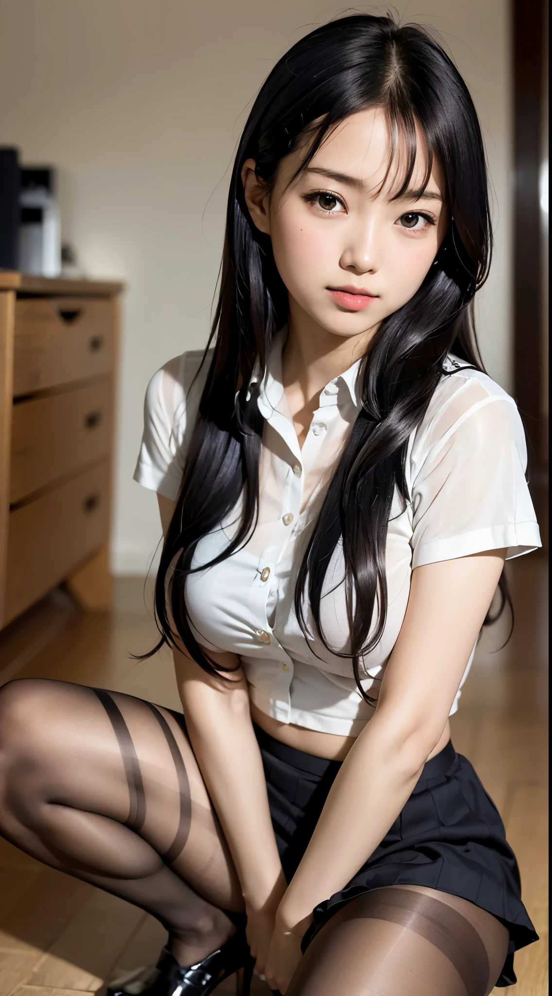 A woman wearing a skirt and jacket is squatting on the floor, hyper現実的なhigh school girl, a hyper現実的なhigh school girl, かわいいhigh school girl, 現実的なhigh school girl, wearing japanese school uniform, japanese school uniform, high school girlの格好をした, japanese girl uniform, wearing school uniformいる, wearing school uniform, (super realistic pantyhose:1.3), high school girl, of posing, girl in uniform