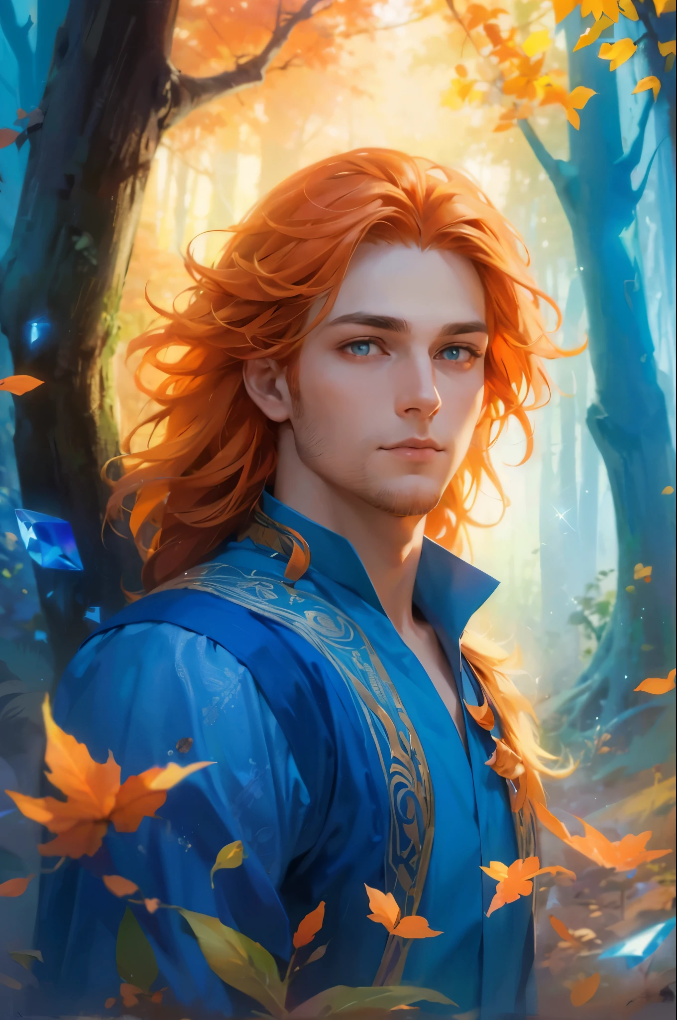 Create a mesmerizing digital painting depicting the serene beauty of an enchanted forest scene. In the center of the scene, portray a young handsome man, with flowing orange hair, beard, azure orange eyes, wearing a cool crystal dress. Capture him graceful presence as he interacts with the natural elements around him, infusing the forest with an aura of tranquility and magic.