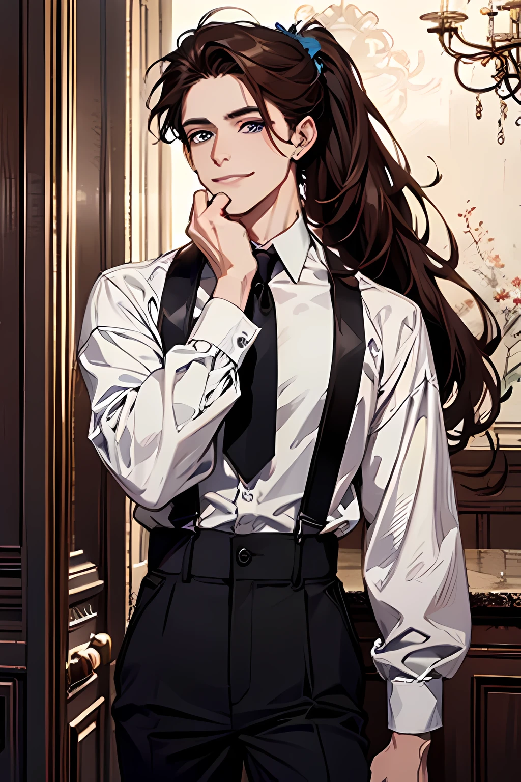 (Absurd, A high resolution, ultra detailed), 1 person, 30 year old man, adult man, Beautiful, High,, finely detailed eyes and a detailed face, black leather trousers, белая shirt, night, smile, Dutch corner, ((long hair, Brown hair)), , pale skin, Eyeliner, (masculine), sexual, grin, seductive,, Very attractive, flirty, mature, ((adult mature face)), medium large shoot, (Masterpiece, Best quality, ultra detailed), 1 guy, длинные темные Brown hair, Blue eyes, hair tied up in a high ponytail, bangs pulled back into a ponytail, soft kind look, легкая smile, shirt, pants, Suspender