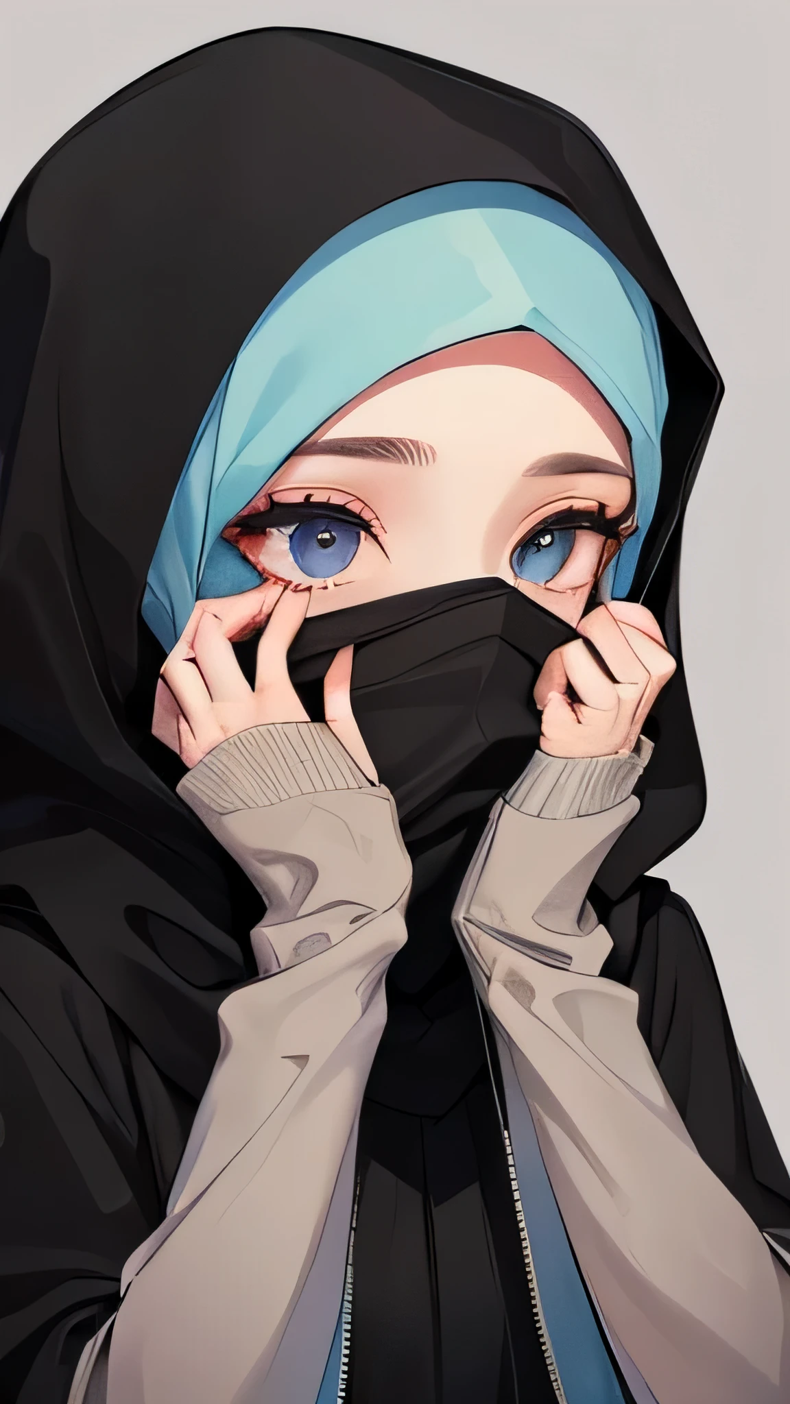 ((Best quality, 8k, Masterpiece :1.3)), Full body, Sharp focus :1.2, Beautiful woman with perfect figure :1.4, Slender stomach :1.2, ((cyan, and black hair)), body dress : 1.1 , ( Night city view, large window, rain outside, Bedroom :1.1), Highly detailed facial and skin textures, Detailed eyes, Double eyelids, Muslim clothing, hijab, Interior Scene, Office, restrained