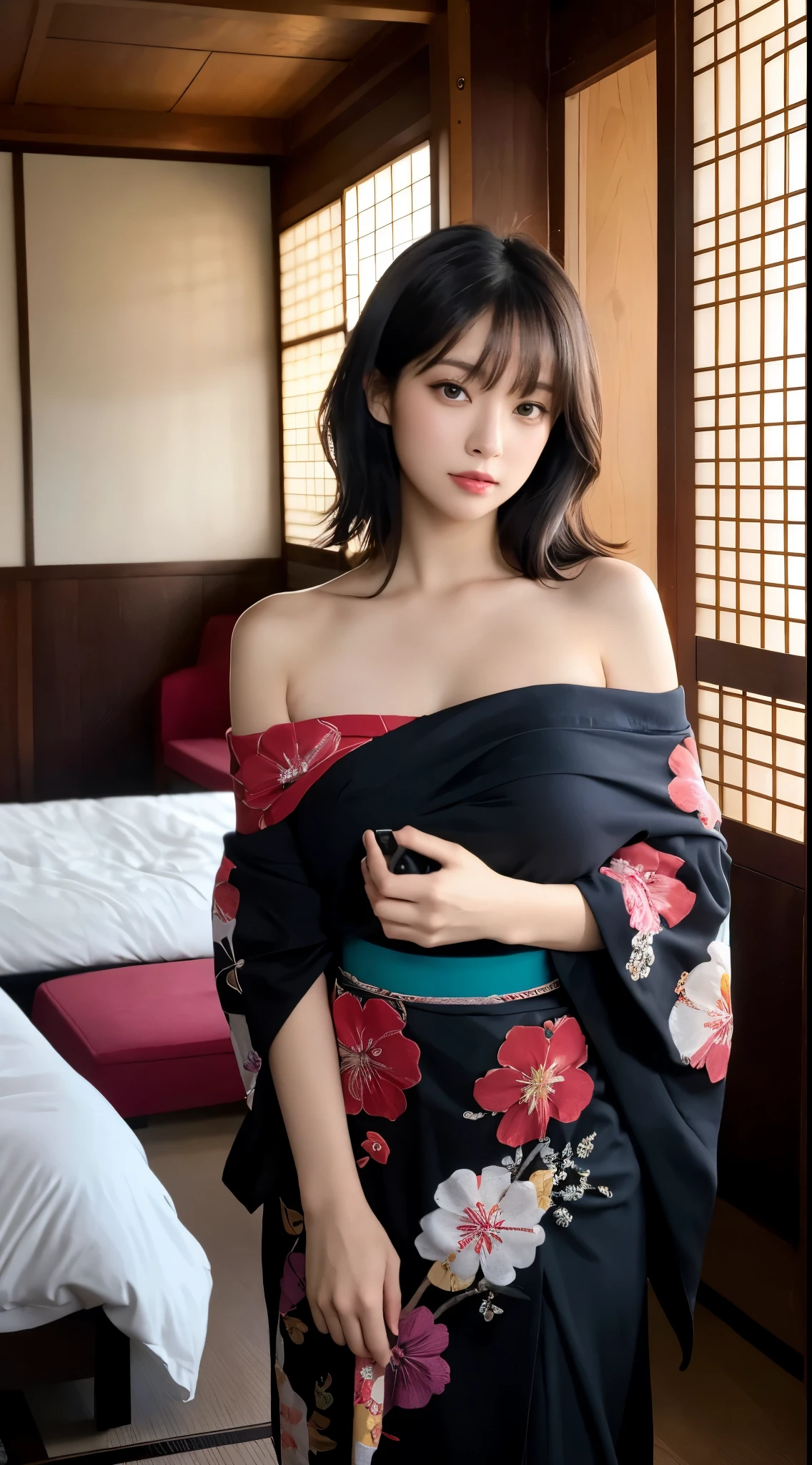 masterpiece, highest quality, highest quality, official art, beautiful and aesthetic:1.2),1 girl,  alone, kimono, red and black kimono, hair ornaments, unsheathing, black hair, sheath, blue eyes, off shoulder, bare shoulders,  flower, looking at the viewer, holding, Makeup, In a Japanese inn room,