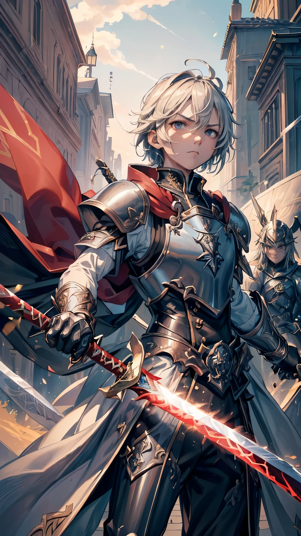 perfect anatomy, masterpiece:1.2, best quality, 8k, beautiful detailed grow, daydreaming expression, ((((he ia Slashing expression)))) ((battle stance)), ((hand holding divine long swords gripping swords in hands)), break, (solo silver short hair divine swordman boy, , detailed red eyes, serious face), break, in a butler uniform, in the battlefield.