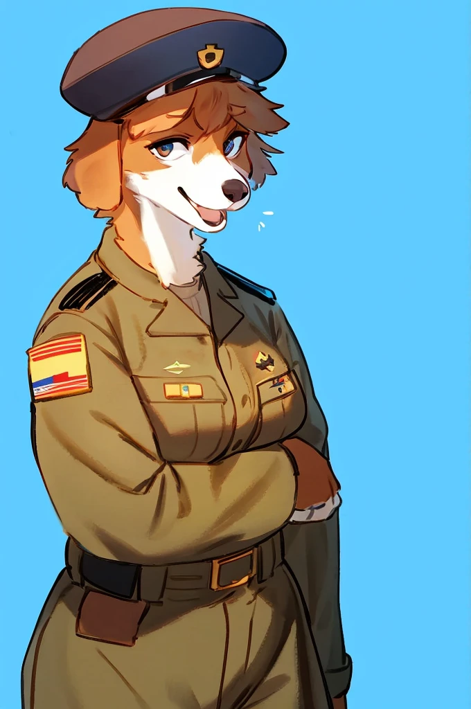 By bebebebebe, by lostgoose, by goonie-san, solo, female, standing, canine, (snout, hair), detailed eyes, looking at viewer, open mouth, soldier, military uniform, brown camo, black beret