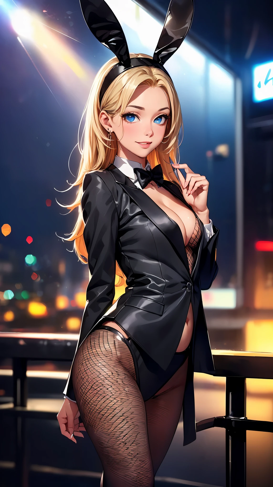 concept:beautiful woman portrait work。 quality:(最高quality, 4k, High resolution, masterpiece:1.2), Super detailed, (real, photorealistic:1.37), illumination:cinematic light, Bright colors and mesmerizing effects, 柔らかく繊細なillumination, gentle shine, Lens flare, Subject information:alone, ((young woman)), (narrow eyes), (small face), (high detail skin:1.2), long eyelashes, glossy lips, (blonde, straight hair, show your forehead, blue eyes), slim body shape:1.4, emphasize cleavage, Highly detailed face and skin texture, (Overflowing smiles:1.2), facing the front:1.2, photo shootのためポーズをとる, (((Very attractive bunny girl costume, separate color, separate cufflinks, sexy fishnet stockings, shiny black sexy tailcoat:1.5, black rabbit ears headband, high heels))), Sexy bunny girl is seducing viewers, Other details:night club, bar counter:1.5, standing pose:1.2, beautiful skin, shiny skin, (((perfect fingers, five fingers, anatomically correct))), background bokeh, Lens flare, 300㎜, f/4, photo shoot,