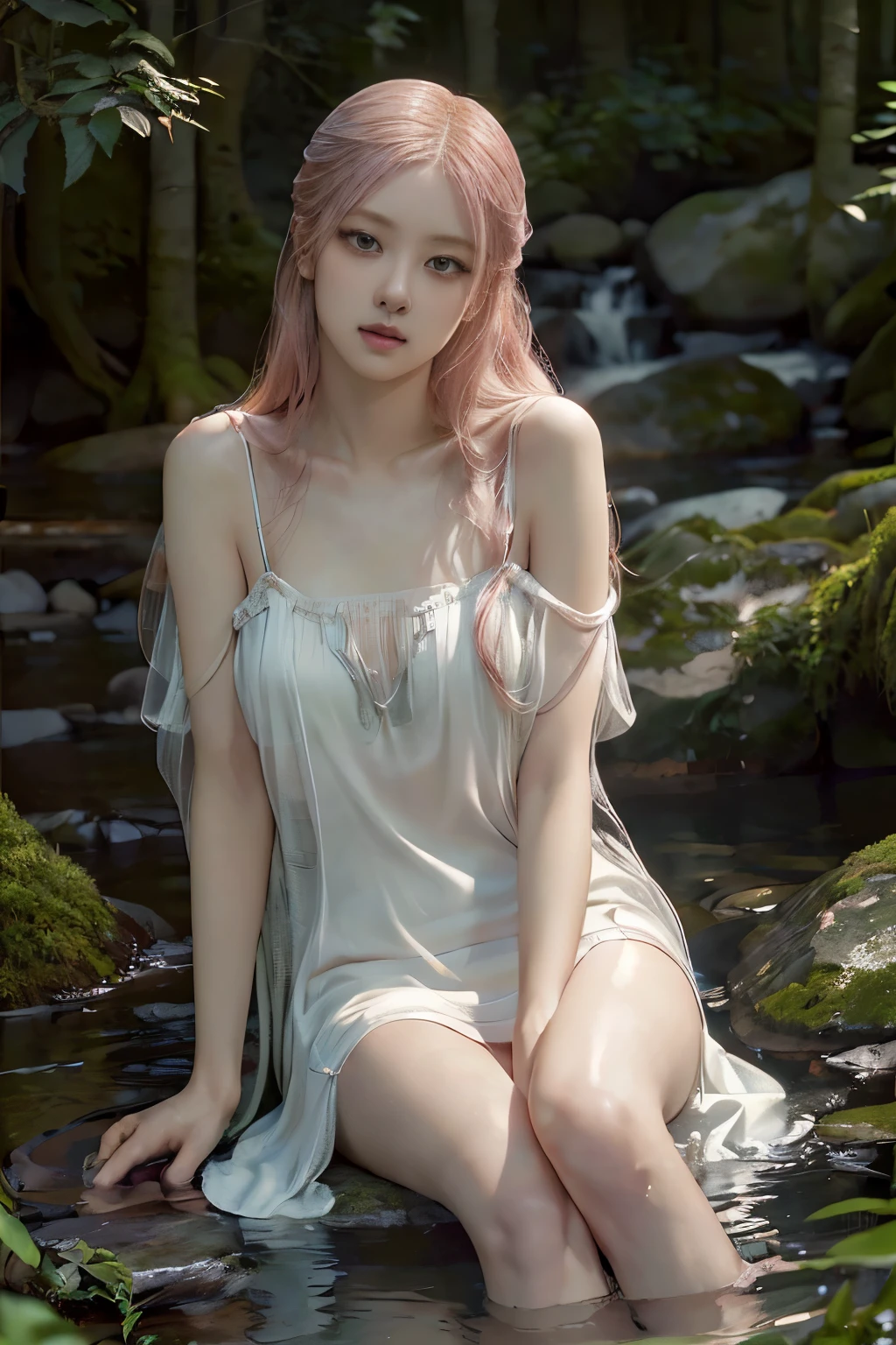 Rose from black pink, pink hair, (full body), (artistic + masterpiece:1.4), (incredibly detailed eyes), wearing medieval long cotton nightie clothes, Drenched hair，The background is a forest, sunset，Masterpiece: 1.3), (8k, Photorealistic, Photo RAW, Best quality: 1.4), (UHD), (Ultra high realism), (Ultra high definition), (Ultra high detail), (Realistic face), Beautiful hairstyle, Realistic bright amber eyes, Beautiful details, (Realistic skin), Pale, smooth and luminous skin with iridescent shine and no imperfections, Ultra high definition, Ultra realistic, Highly detailed, (Cleavage: 0.8), sitting on a rock, feet in the water, (masterpiece, best quality, award winning, highres), skinny, intricate and beautiful design, highly detailed beautiful face, super detailed beautiful eyes, light smile, sitting near stream, forest, leaves flow, windy, sun lights through forest, fantasy art, dynamic lighting, cinematic lighting, hyper realistic, extremely CG detail, octane render, (natural skin texture, hyperrealism, soft light, sharp:1.2)