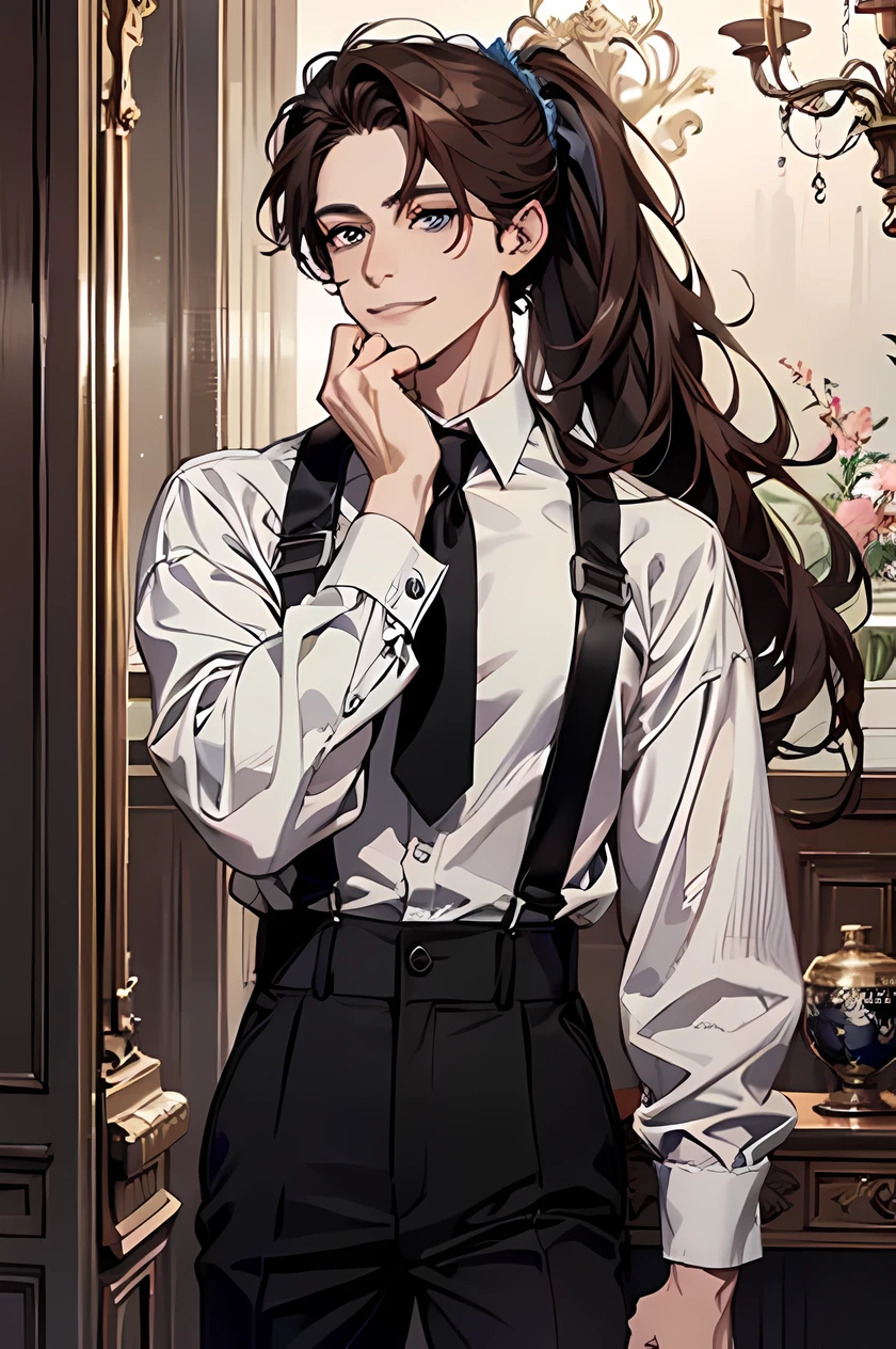 (Absurd, A high resolution, ultra detailed), 1 person, 30 year old man, adult man, Beautiful, High,, finely detailed eyes and a detailed face, black leather trousers, белая shirt, night, smile, Dutch corner, ((long hair, Brown hair)), , pale skin, Eyeliner, (masculine), sexual, grin, seductive,, Very attractive, flirty, mature, ((adult mature face)), medium large shoot, (Masterpiece, Best quality, ultra detailed), 1 guy, длинные темные Brown hair, Blue eyes, hair tied up in a high ponytail, bangs pulled back into a ponytail, soft kind look, легкая smile, shirt, pants, Suspender