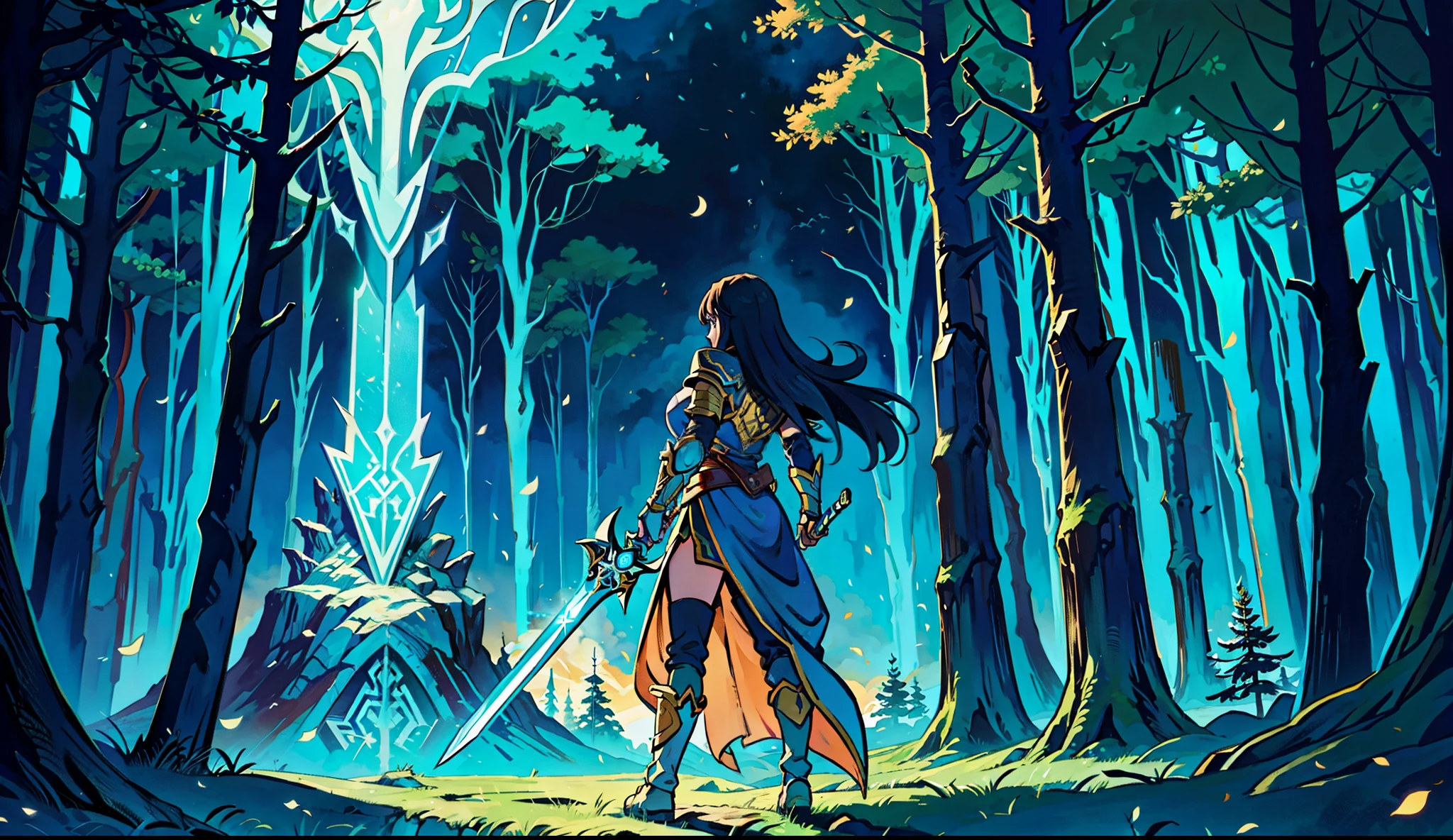 fantasy, Spectacular, Movie poster style illustration, Girl Standing in Armor, Dynamic and magical backgrounds, It features typographic elements with a prominent design,Are standing, full of confidence, Decided, wield a sword, Epic Titles, magical forest, shining rune, Bold
