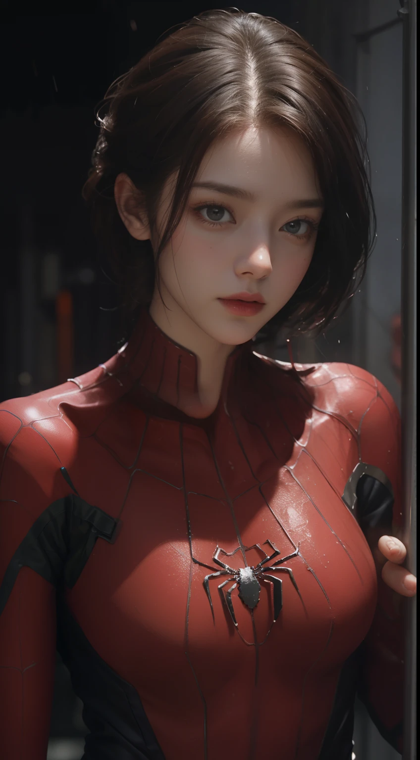 A mech girl,He has a delicate and beautiful face,((Red semi-mechanical body)),Spider-Man from Marvel,filmgrain,Splashed lotion,Clothes are soaked,It was drizzling,Soaked clothes