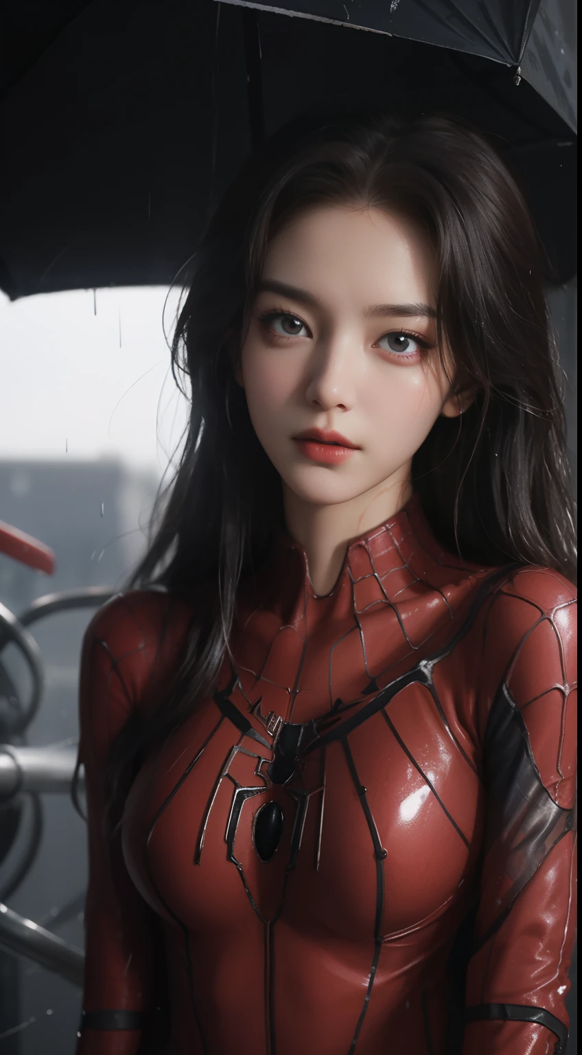 A mech girl,He has a delicate and beautiful face,((Red semi-mechanical body)),Spider-Man from Marvel,filmgrain,Splashed lotion,Clothes are soaked,It was drizzling,Soaked clothes