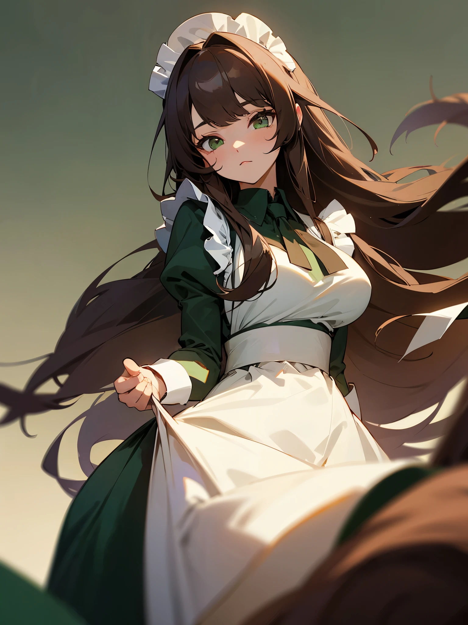 8K , a woman , brown long hair , have bangs , green eyes , Wear a maid outfit , house background , simple
