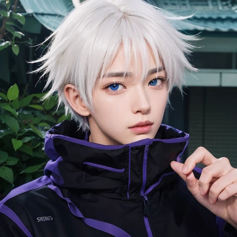 Adaptation of this character to the real world, Korean handsome face,Realistic costumes,fine light blue eyes,realistic messy white hair,realistic background,surreal,realism,realistic light, realistic shadow,(realistic:1.2), looking at the viewer