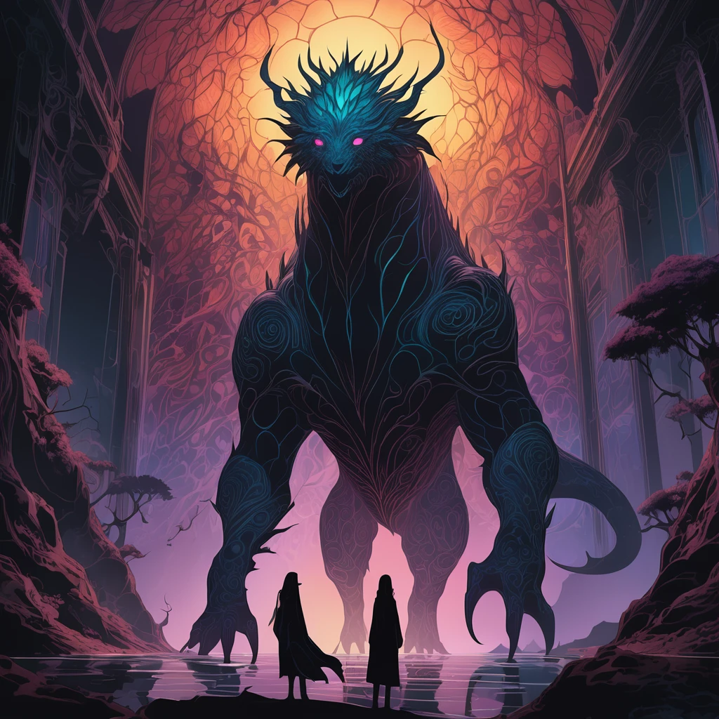 Giant creature, aesthetic, extremely detailed, A giant creature, ultra-detailed, dark and mysterious, surreal. The creature stands tall with intricate scale patterns covering its body, while its eyes emit an otherworldly glow. Its imposing presence is accentuated by the play of vibrant colors, casting an ethereal aura. The creature's jagged silhouette cuts through the darkness, revealing glimpses of an eerie and fantastical world. The scene is bathed in dramatic lighting, casting deep shadows and highlighting the creature's menacing features. The atmosphere is filled with an aura of mystery, as if on the brink of an unknown adventure. The mesmerizing and surreal setting combines the beauty of its aesthetics with a sense of impending danger, creating an alluring yet foreboding composition.