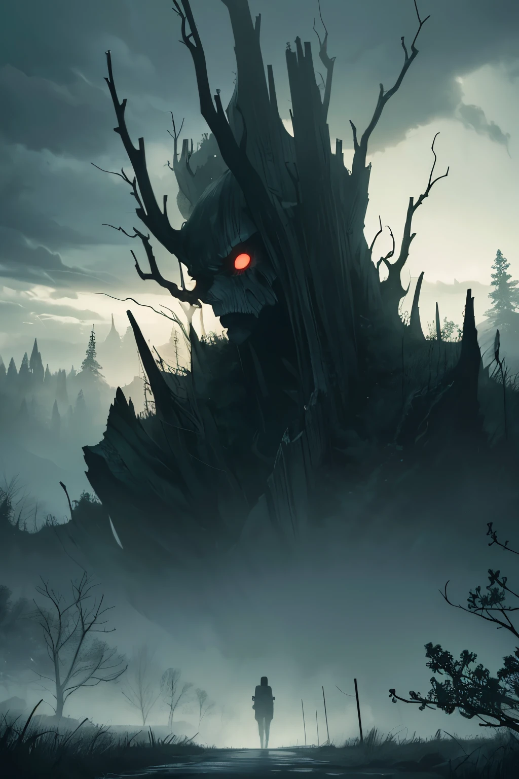 An eerie digital illustration depicting a desolate landscape shrouded in mist, inspired by the works of Junji Ito, with twisted trees and ominous clouds looming overhead. The color temperature is cool, with a hint of sickly green adding to the unsettling ambiance. The facial expressions of any figures present are twisted in fear or despair, accentuated by harsh lighting casting ominous shadows. Atmosphere is tense and foreboding, evoking a sense of impending doom. 