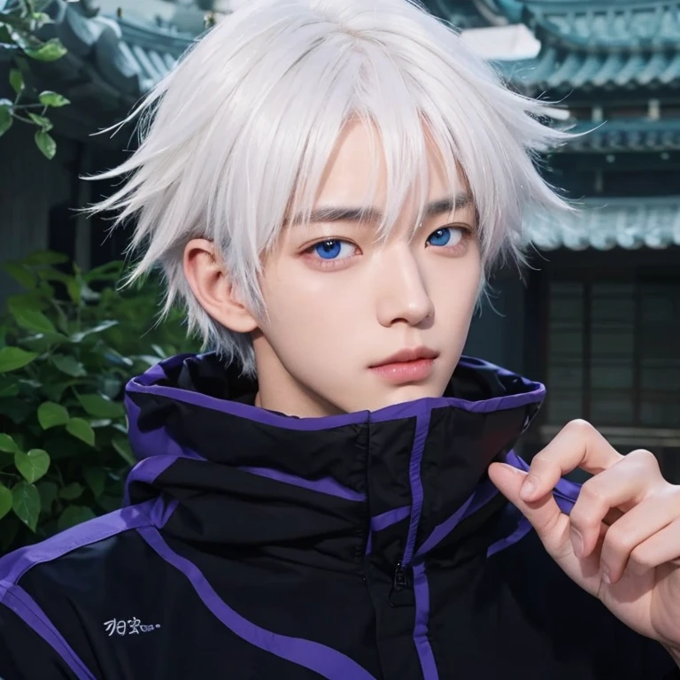 Adaptation of this character to the real world, Korean handsome face,Realistic costumes,fine light blue eyes,realistic messy white hair,realistic background,surreal,realism,realistic light, realistic shadow,(realistic:1.2), looking at the viewer