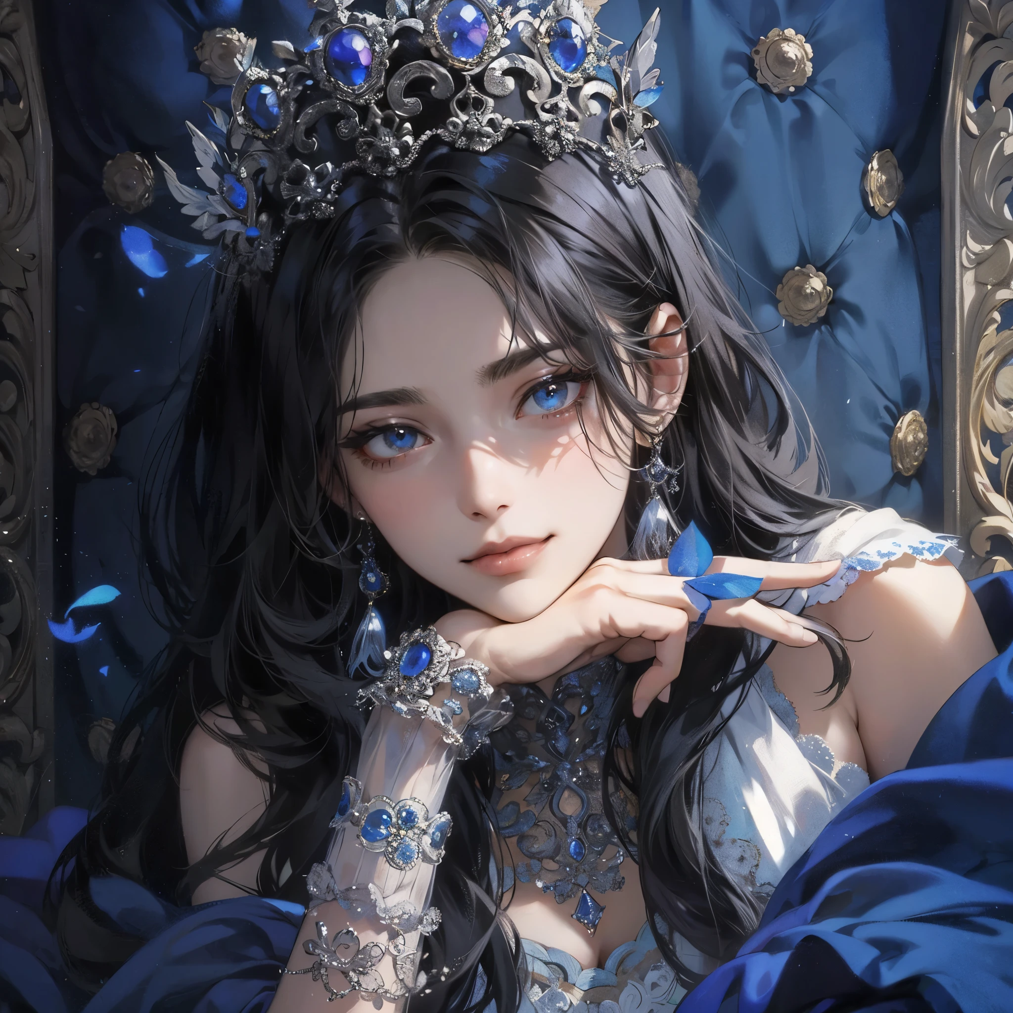 (table top, digital art, digital illustration, 4K, 8K, super detailed, beautiful images, clear image, realistic, RAW photo, perfect face, perfect lines, perfect eyes, soft lighting) ,1 female, (long black hair,parted bangs、bullish look,beautiful woman,closed mouth,smirk,Mature,(slender,),23 year old female,:1.3),