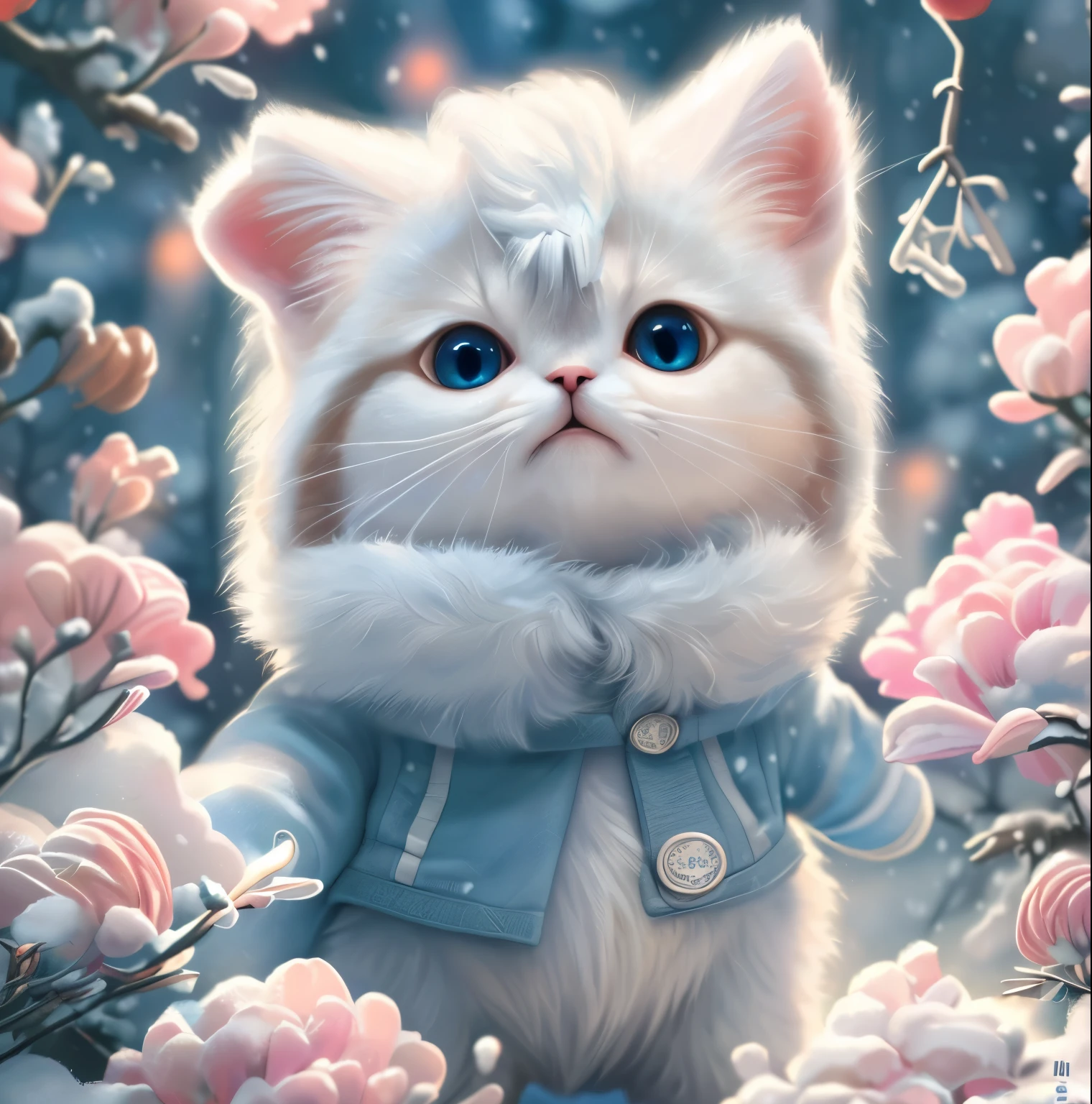 ((Amazing detail: 1.3)),((illustration, Hairstyle Casual: 1.2)),((high resolution: 1.1)), A cute cat standing, Winter coat, Soft light, Colorful, Depth of field, Cinematic lighting, From below, Anatomically correct, Amazing art of painting, No Man