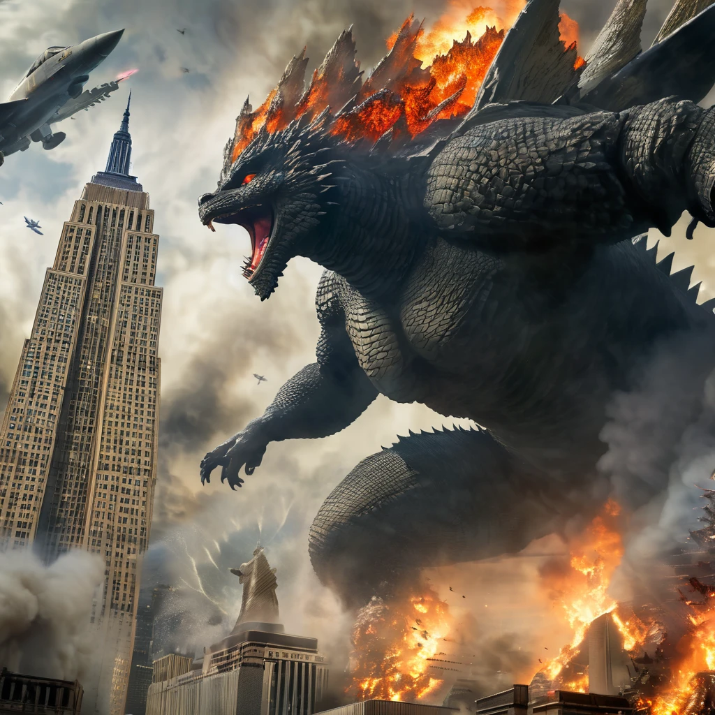 A captivating cinematic poster depicting the legendary Godzilla in a powerful and dynamic pose. The monster is unleashing a fiery breath while a fearless F-14 fighter jet soars through the sky, attempting to confront the beast. The iconic Empire State Building stands in the background, partially razed by the destructive force of Godzilla. The overall ambiance is intense and dramatic, with a palpable sense of chaos and impending doom., poster, cinematic