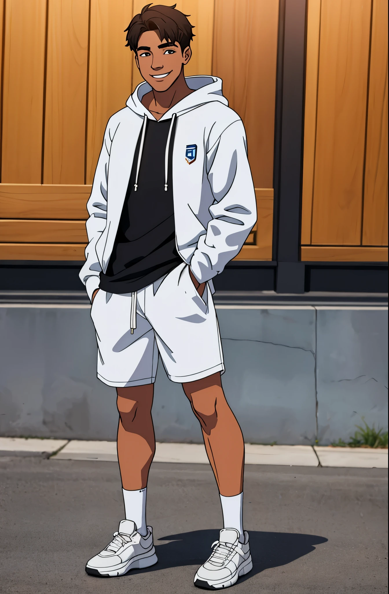 handsome 18 year old boy, wearing white hoodie, shorts, 8k resolution, full body, smiling, White skin, detailed face
