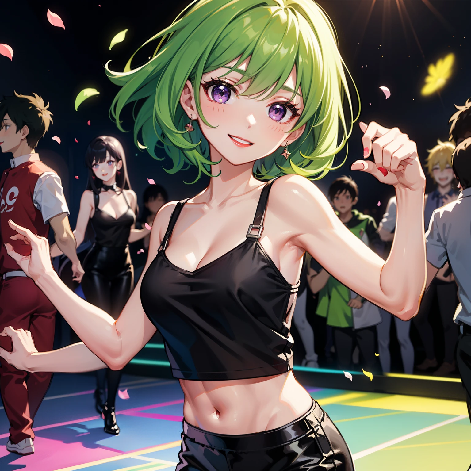 Green shorthair、purple eyes、smile、night world、dance floor、Glittering neon lights、red lips、Close-up、front、I can only see you、green hair、Uplifting、movement、Dancing、anime、Black bra top、Long black pants、Petals grow、The beginning of adult love、beautiful girl