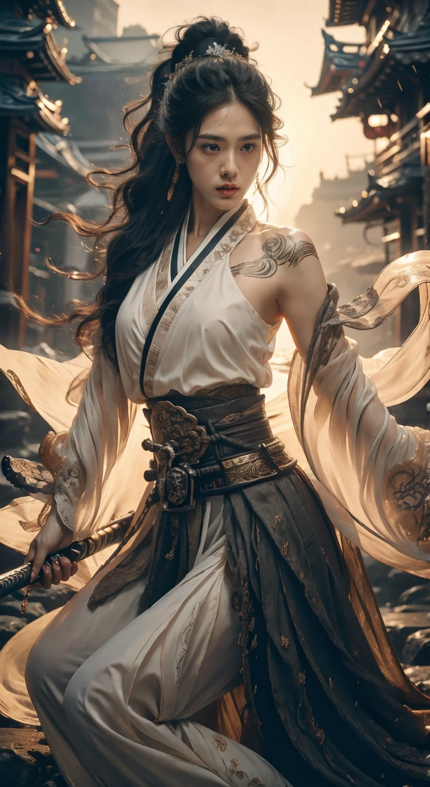 1girl,most beautiful, Sweet, elegant ,full body ,large breasts ,The background is rainy day,cityscape,1 girl, beautiful girl, beautiful face, Female Samurai, supermodels, Holding a Japanese Sword, shining bracelet, beautiful hanfu (red, transparent),cape, solo, {beautiful and detailed eyes}, calm expression, natural and soft light, delicate facial features, very small earringodel pose)), Glamor body type, (Black neon hair:1.2), beehive, long ponytail, very_long_hair, hair past hip, curly hair, flim grain, realhands, masterpiece, Best Quality, photorealistic, ultra-detailed, finely detailed, high resolution, perfect dynamic composition, beautiful detailed eyes, eye smile, ((nervous and embarrassed)), sharp-focus, full_body, sexy pose, cowboy_shot, Samurai girl, glowing forehead, lighting, Japanese Samurai Sword (Katana)