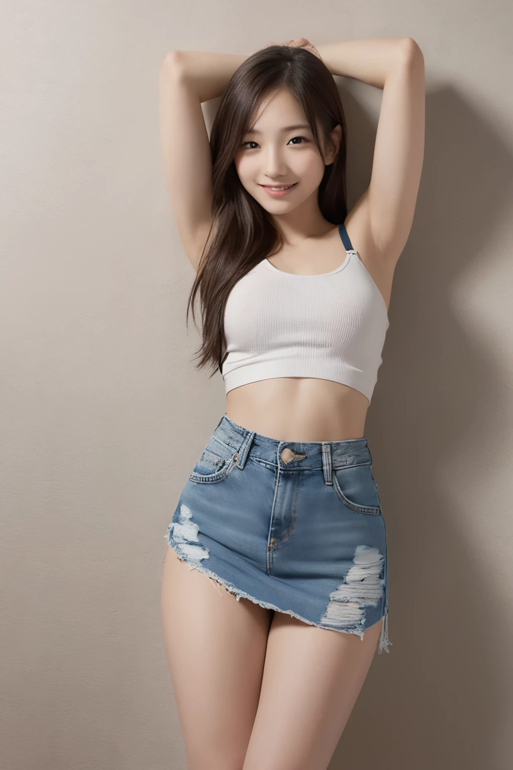 (one girl:1.3), skin head, Japanese high school student, wonderful face and eyes, looking at camera, smile full of joy、show teeth、raise your hands behind your head、show your armpits、(denim skirt:1.2),(highest quality:1.4), very detailed CG 統合 8k 壁紙, very detailed, High-definition RAW color photo, professional photos, realistic full body shot, Shooting in the studio、plain wallpaper, sexy portrait of girl, Open appearance, Looking at the front, Spread your feet on the floor, indian style, (show panties)