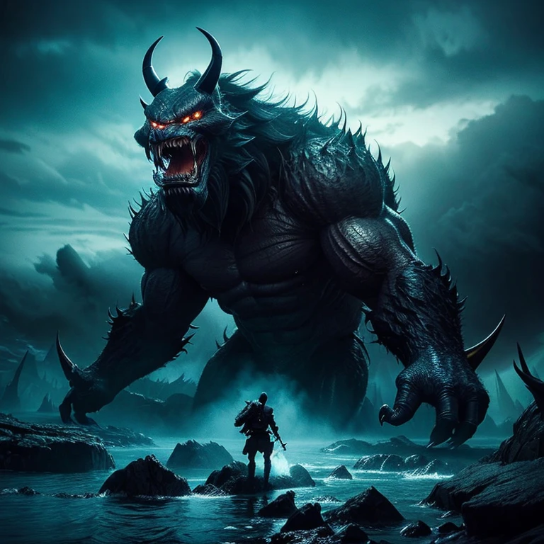 a giant creature,rare majestic sight,dark and mysterious,best quality,ultra-detailed,shadowy figure,immense size,powerful presence,monstrous strength,otherworldly appearance,dense fur,sharp and gleaming teeth,fierce and intimidating eyes,ominous atmosphere,huge claws,forbidding landscape,foreboding skies,dark and brooding tones,subtle lighting,mythical beast,mythological reference,surreal and awe-inspiring,overwhelming scale,unforgettable encounter,unsettling and captivating,thrillingly dangerous,unexplored wilderness,heart-pounding adrenaline,breathtaking detail,unfathomable depths of imagination,stunning realism,masterpiece:1.2