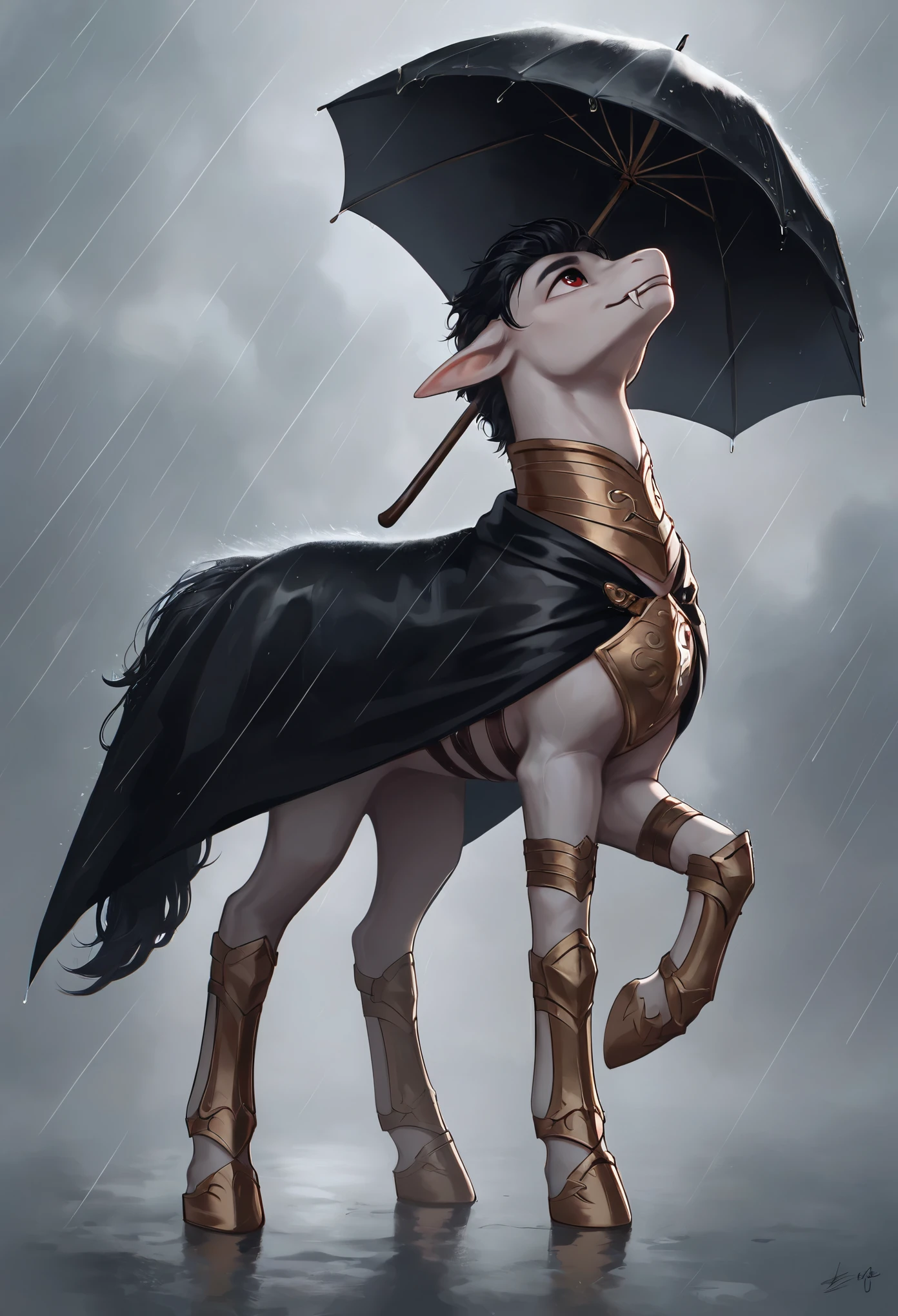 score_9, score_8_up, score_7_up, feral, pony, solo-focus, male, adult, (straight ear), "pointed ears", smile, mlem, boy pony with umbrella in the rain, "boy white body and black curly short hair, fangs, makeup, elf ears, red eyes", dark detailed armor, black cloak, full body cloak, cape, "closed black clothes", body and neck armor, looking up, transparent umbrella, rain, beautiful anime scene, low-angle shot, close up view, rain, cinematic, cinematic lighting, from side-view,