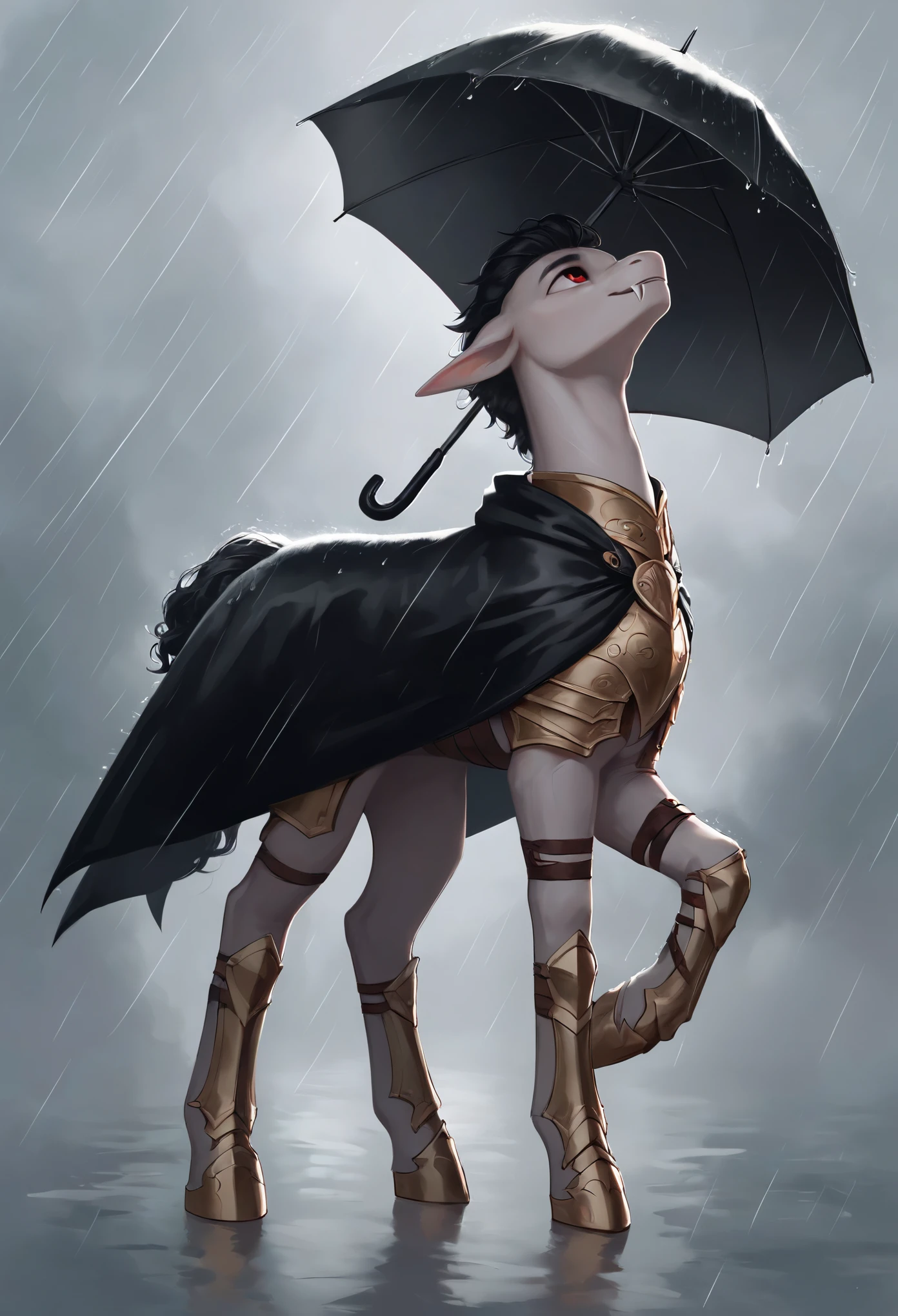 score_9, score_8_up, score_7_up, feral, pony, solo-focus, male, adult, (straight ear), "pointed ears", smile, mlem, boy pony with umbrella in the rain, "boy white body and black curly short hair, fangs, makeup, elf ears, red eyes", dark detailed armor, black cloak, full body cloak, cape, "closed black clothes", body and neck armor, looking up, transparent umbrella, rain, beautiful anime scene, low-angle shot, close up view, rain, cinematic, cinematic lighting, from side-view,