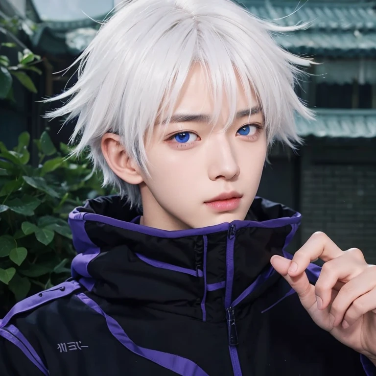 Adaptation of this character to the real world, Korean handsome face,Realistic costumes,fine light blue eyes,realistic messy white hair,realistic background,surreal,realism,realistic light, realistic shadow,(realistic:1.2), looking at the viewer
