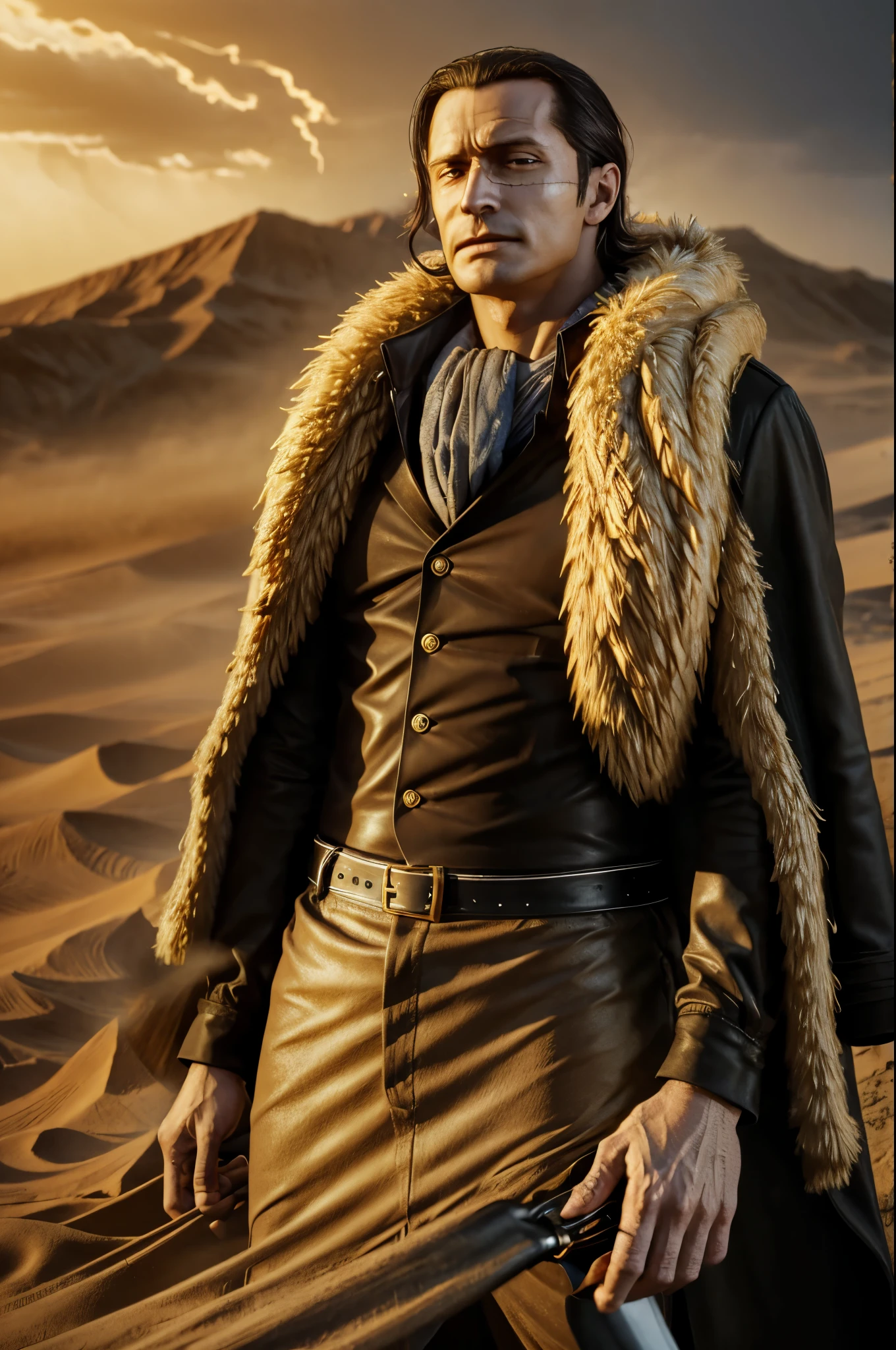masterpiece, best quality, extremely detailed, hyperrealistic, photorealistic, a cool 40s man, ultra detailed face:1.2, fur-trimmed coat, scarf around the neck, his left hand is a golden pirate hook:1.1, sandstorm:1.2