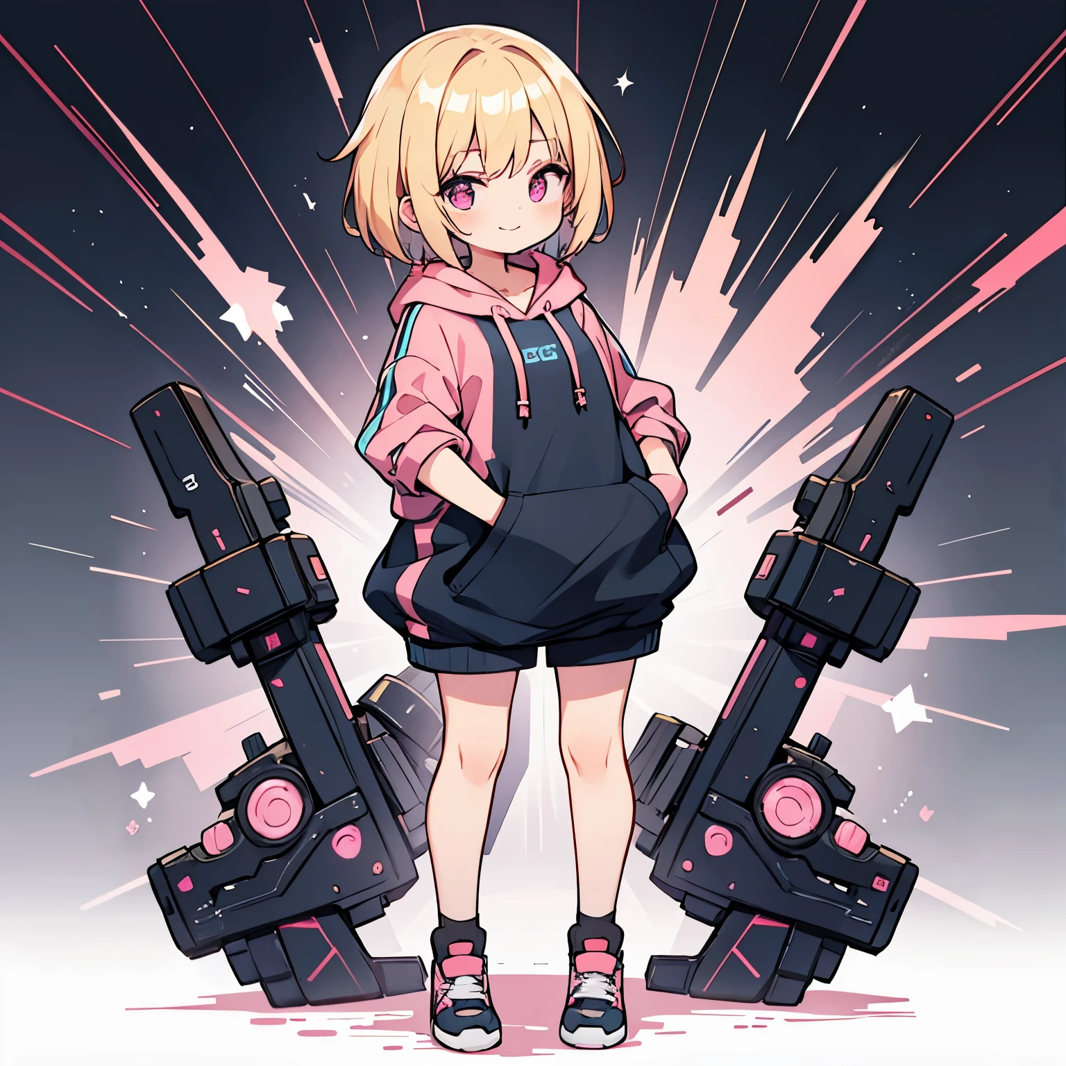 blonde girl with short cut),(((black, pink and blue hoodie))),pink eyes,open your mouth, A sluggish smile, Full body Esbian,(Little),(solo),(Highest image quality, In 8K, masterpiece, super detail),(Mechanical or cyber background)