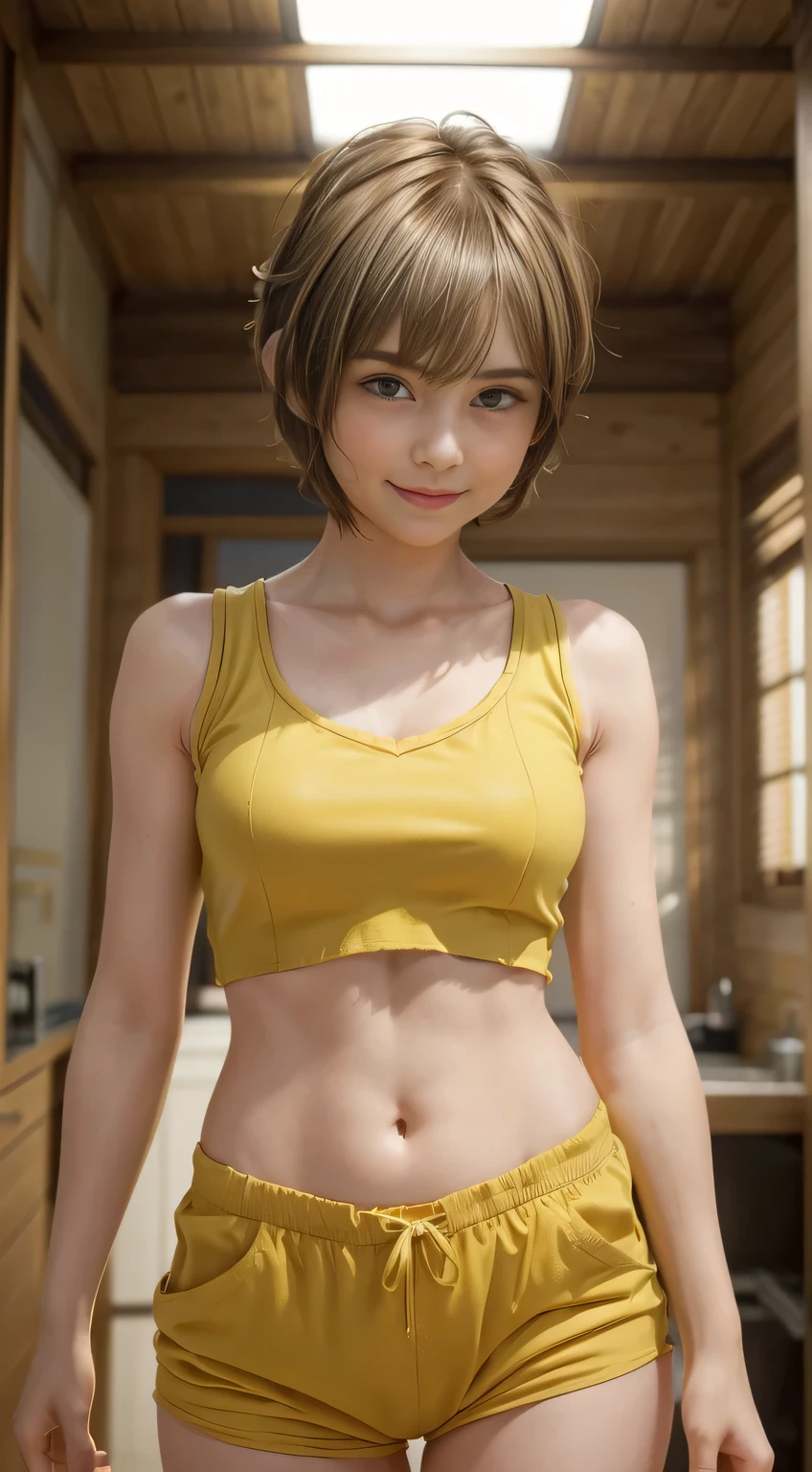 102 (a 18 yo woman,is standing), (A hyper-realistic), (high-level image quality), ((beautiful hairstyle 46)), ((short-hair:1.46)), (Gentle smile), , , anatomically accurate body, , detailed eyes、wearing a yellow tank top short shirt、The abdomen is visible、so beautiful、