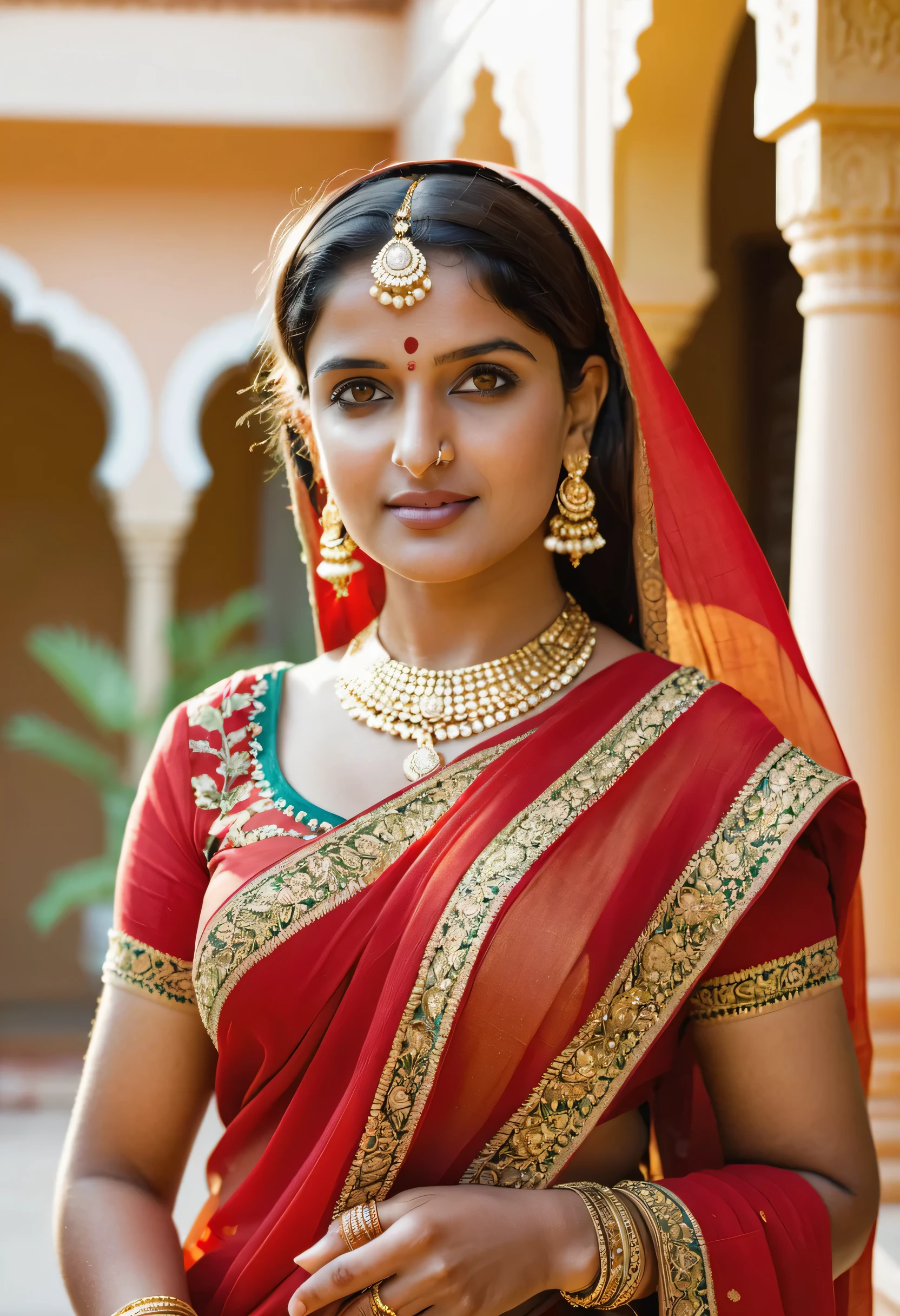 A 21-year attractive curvy Indian lady in classic Indian attire, adorned with intricate gold jewelry, a vibrant red saree with golden embroidery, henna patterns on her hands, standing gracefully in a sunlit courtyard, surrounded by blooming jasmine flowers, reflecting her elegance and charm, Photography, DSLR camera with a 50mm prime lens, f/2.8 aperture, --ar 9:16 --v 5