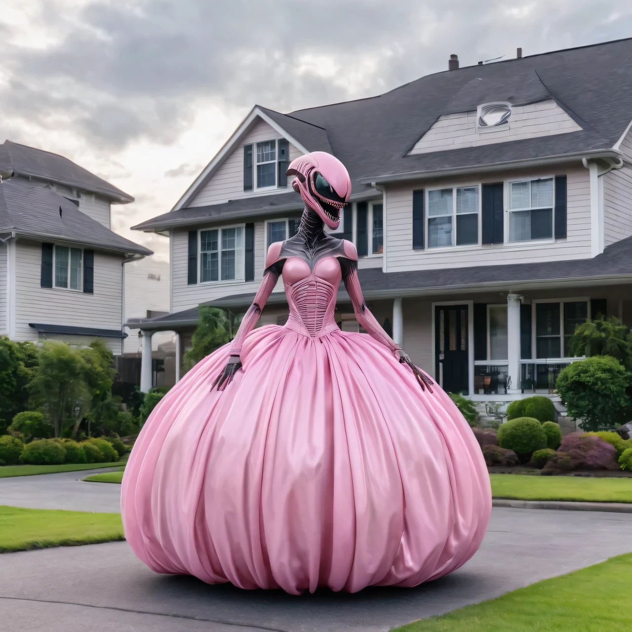 realistic photography, depicting a giant humanoid (anthropomorphic) color xenomorph in pink ball gown, movement, full pose, whole body, Giant Xenomorph, towering over houses, horror punk, High detail, many image details, 8K, Hyperrealistic, difficult, transparent