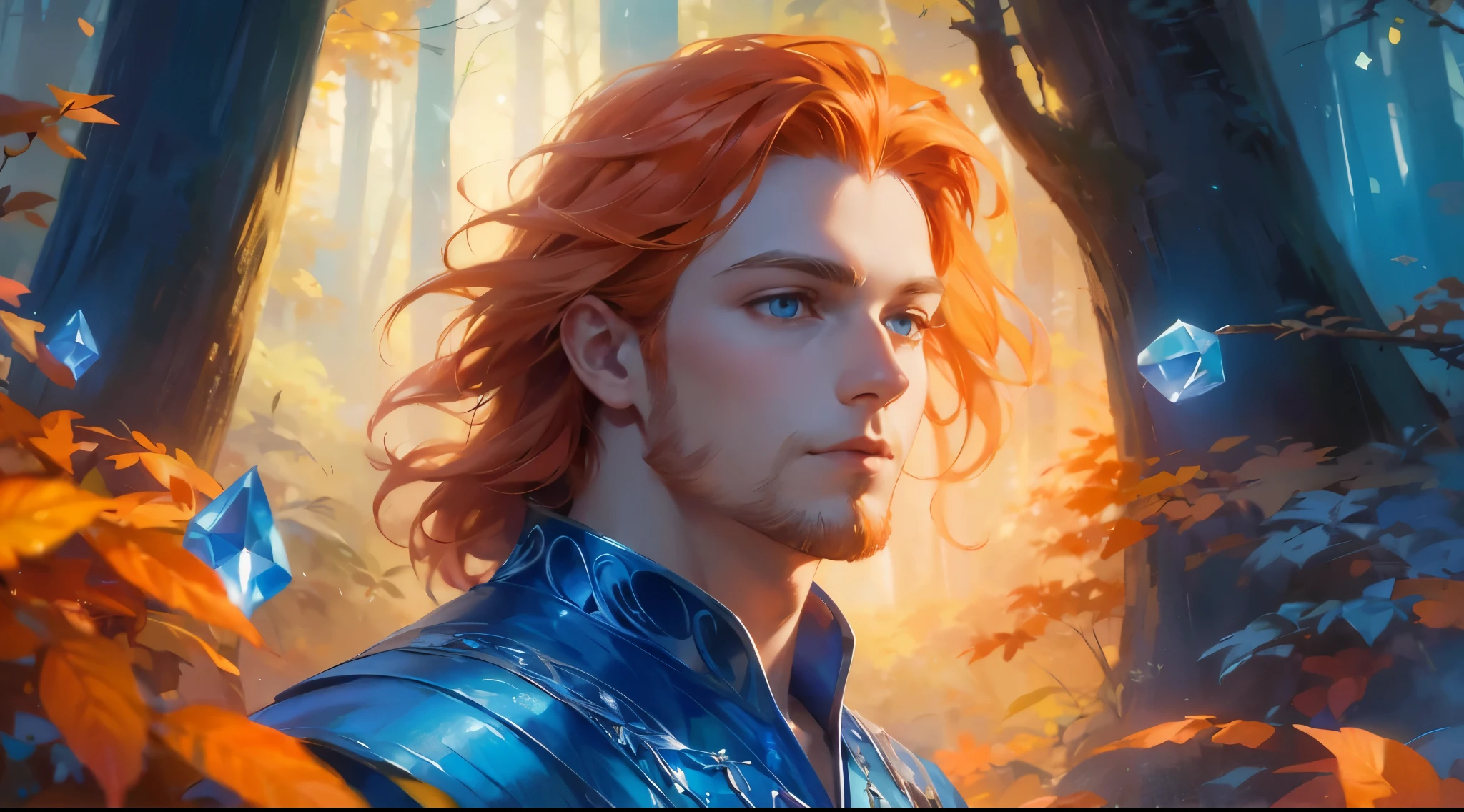 Create a mesmerizing digital painting depicting the serene beauty of an enchanted forest scene. In the center of the scene, portray a young handsome man, with flowing orange hair, beard, azure orange eyes, wearing a cool crystal dress. Capture him graceful presence as he interacts with the natural elements around him, infusing the forest with an aura of tranquility and magic.