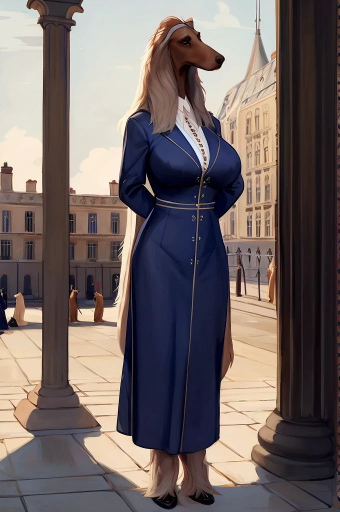 By bebebebebe, by lostgoose, by goonie-san, solo, female, canine, (((hair, afghan hound))), white fur, standing, (tail, snout, detailed eyes), standing, (french city), ((Louis vuitton, dress suit)), big breasts, big breasts, hands behind back